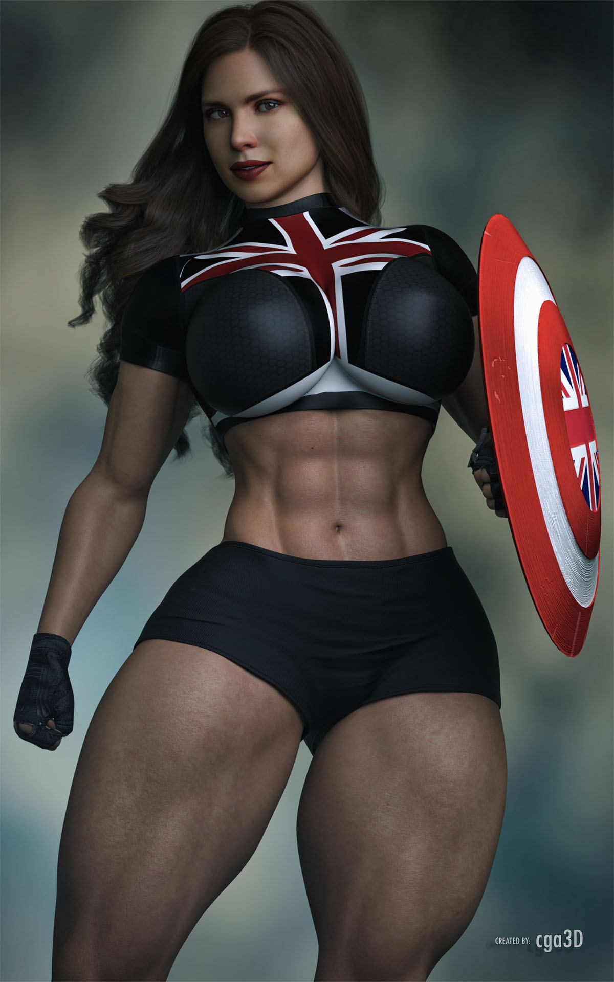 1girls 3d abs absurd_res ass big_ass big_breasts breasts brown_eyes brown_hair captain_america_(series) captain_carter cga3d curvaceous curvy curvy_body curvy_female curvy_figure erotichris female female_only fit fit_female hayley_atwell hi_res light-skinned_female light_skin marvel marvel_cinematic_universe marvel_comics midriff muscular muscular_female muscular_thighs peggy_carter shield short_shorts shorts solo thick_thighs union_jack voluptuous voluptuous_female what_if...? wide_hips