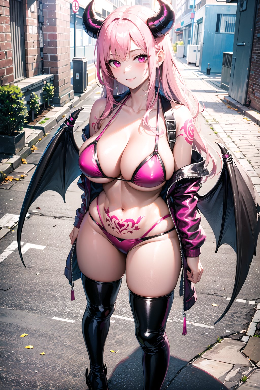 1girls, 2023, ai generated, ai hands, anime nose, bangs, big breasts, bikini, breasts, cleavage, clothed female, curvaceous, curvy body, curvy female, curvy figure, demon, demon girl, female, female focus, female only, hair between eyes, hi res, horned female, horned humanoid, horns, hourglass figure, jacket, jacket partially removed, large breasts, latex, latex thighhighs, leather boots, leather jacket, leather straps, long hair, looking at viewer, original, pink bikini, pink eyes, pink hair, pubic tattoo, purple bikini, purple eyes, seductive look, sidelocks, sole female, solo female, stable diffusion, street, street view, succubus, succubus costume, succubus horns, succubus tattoo, succubus wings, tattoo on arm, thighhigh boots, voluptuous, voluptuous female, wings