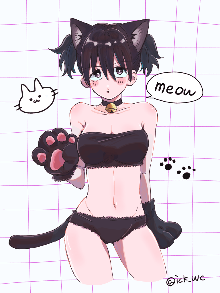 1girls alternate_costume bandeau bell_collar black_bra black_hair black_panties blush bra brown_eyes canon_genderswap cat_ears cat_tail catgirl choker cleavage collar female female_only fully_clothed genderswap_(mtf) gintama looking_at_viewer panties paw_gloves rule_63 solo twintails yamazaki_sagaru yamazaki_shisako