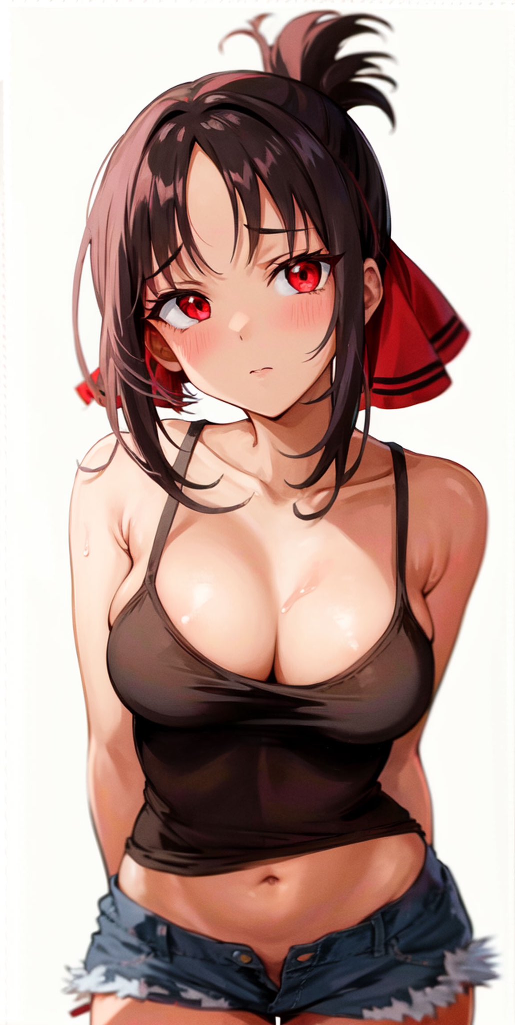 1girls, ai generated, black hair, blush, breasts, casual, denim, female, kaguya-sama wa kokurasetai ~tensai-tachi no renai zunousen~, looking at viewer, medium breasts, midriff, nai diffusion, navel, red eyes, shinomiya kaguya, shorts, stable diffusion, tank top