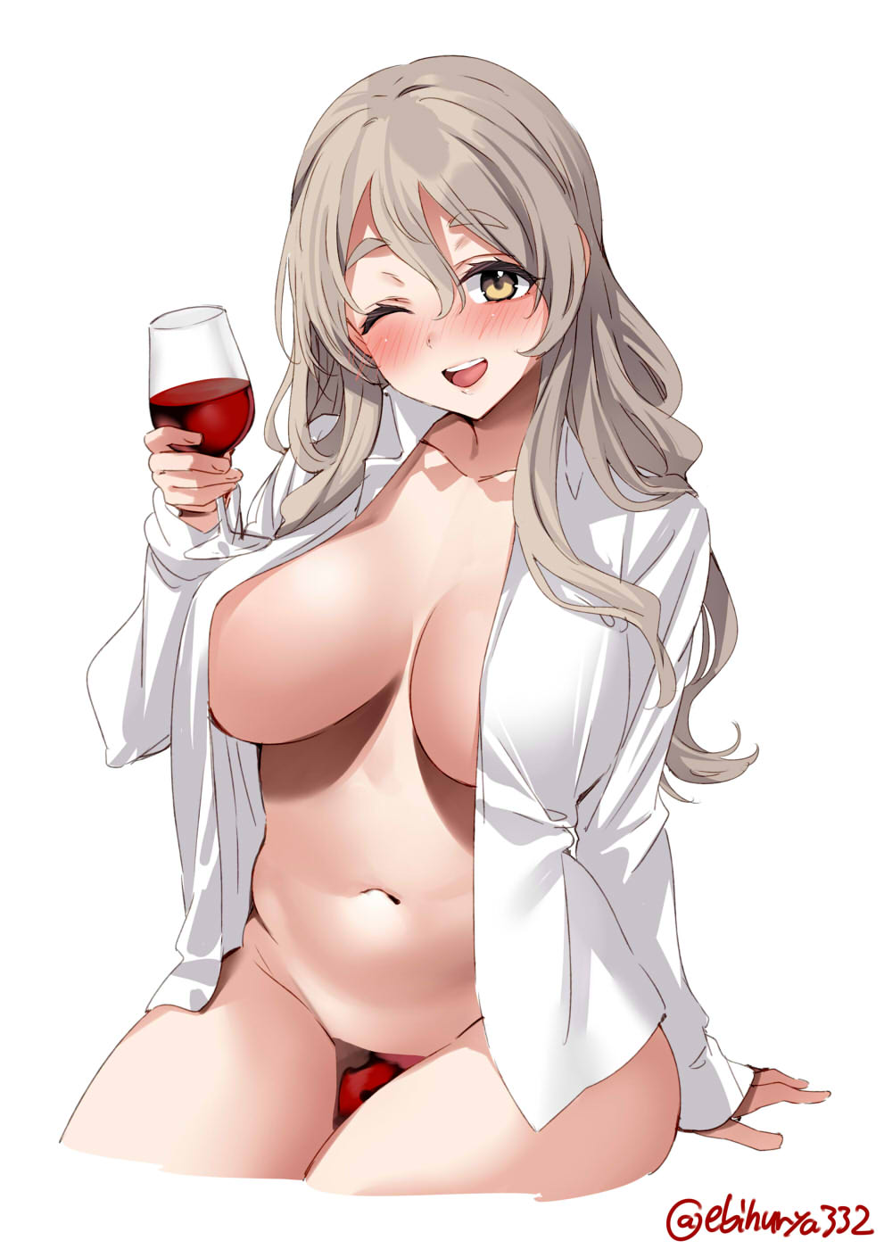 alcohol bangs blush breasts brown_eyes collarbone collared_shirt cropped_legs cup dress_shirt drinking_glass ebifurya female grey_hair hair_between_eyes highres holding holding_cup kantai_collection large_breasts long_hair long_sleeves looking_at_viewer midriff naked_shirt navel one-hour_drawing_challenge one_eye_closed open_clothes open_shirt pola_(kantai_collection) shirt simple_background smile solo teeth thighs twitter_username upper_teeth_only wakamezake white_background wine wine_glass