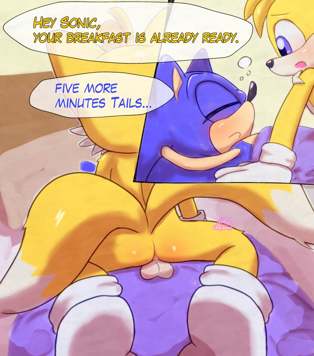 anus ass balls bed bedroom casual clothing duo english_text exposed_torso footwear furniture genitals handwear hi_res male male/male onechan rear_view sega sitting sitting_on_another sleeping socks sonic_(series) sonic_the_hedgehog sonic_the_hedgehog_(series) tails text