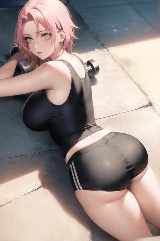 1girls, ai generated, bangs, bare legs, bare shoulders, big breasts, bloomers, breasts, female, female only, green eyes, looking at viewer, nai diffusion, naruto, naruto (series), naruto shippuden, parted bangs, petite, pink hair, sakura haruno, shoulder length hair, sidelocks, solo, solo focus, sports bra, stable diffusion, voluptuous, workout clothes