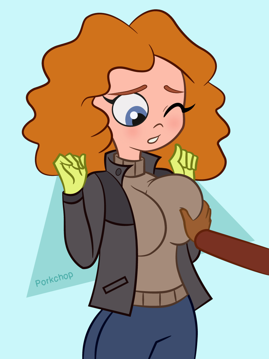 1boy, 1girls, 2021, big breasts, blue eyes, blush, breast grab, breasts, dark skin, dark-skinned male, disney, disney channel, disney xd, female, fully clothed, gloves, grabbing breast, groping breast, hand on breast, huge breasts, jacket, light skin, light-skinned female, male, melissa chase, milo murphy's law, orange hair, partial male, porkchop (artist), red hair, sweater, thick thighs