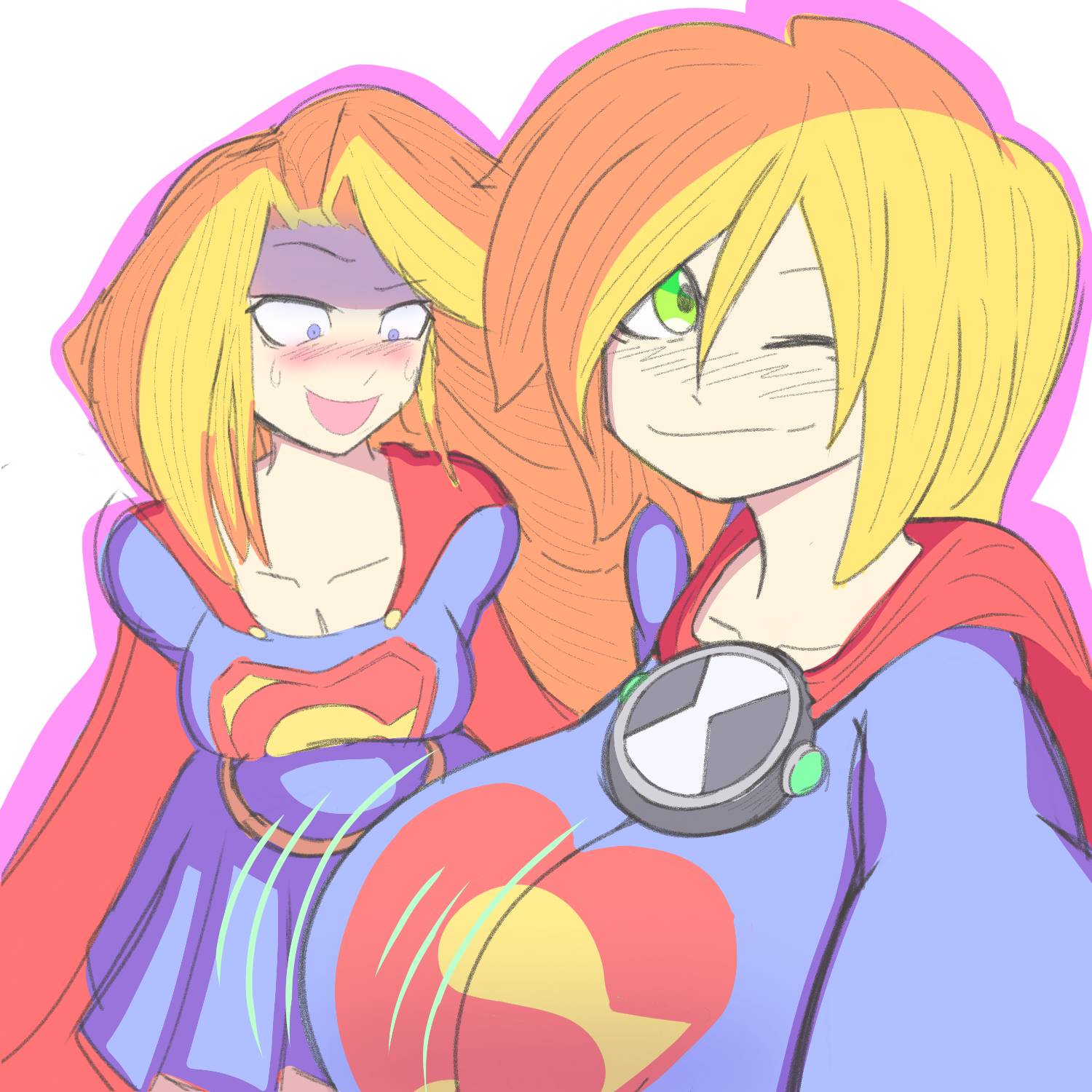 2023 2girls ben_10 ben_tennyson big_breasts blonde_hair breast_envy cartoon_network crossover dc dc_comics female female_ben female_only fully_clothed genderswap genderswap_(mtf) green_eyes huge_breasts kara_zor-el kryptonian maskrayx rule_63 supergirl superheroine superman_(series) tagme