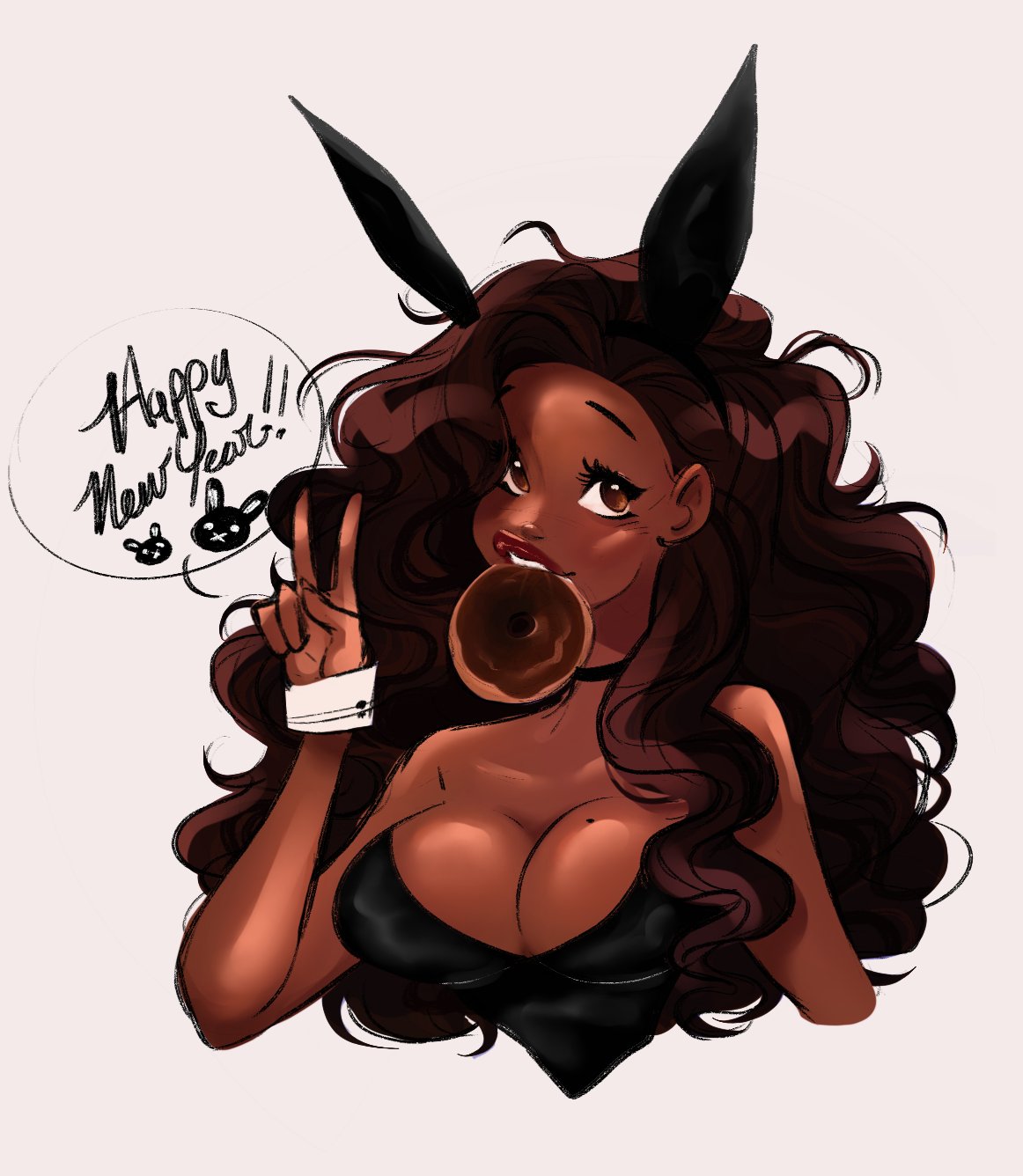 1girls bare_shoulders breasts brown_eyes brown_hair bunny_ears bunnysuit bust choker cleavage cuffs_(clothing) dark-skinned_female dark_skin female female_focus female_only grey_background hair_fetish happy_new_year long_hair messy_hair ohthesunnyside peace_sign plump_lips solo solo_female sunny_(ohthesunnyside) text text_bubble upper_body v