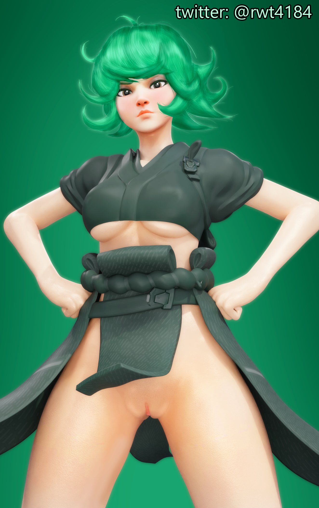 1girls 3d blender blizzard_entertainment blush bottomless breast_squeeze breasts clothed clothing curvy curvy_body curvy_female curvy_figure female green_background green_hair highres kiriko_(overwatch) kiriko_kamori light-skinned_female light_skin looking_at_viewer no_bra no_panties one-punch_man overwatch overwatch_2 pose posing presenting presenting_pussy pussy pussy_lips pussy_peek rwt4184 simple_background solo solo_female solo_focus standing tatsumaki_(cosplay) terrible_tornado_kiriko thick_thighs topwear underboob vagina watermark