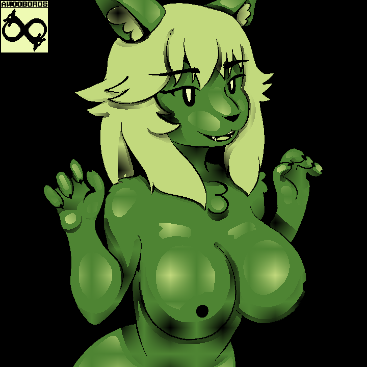 1:1 2-bit 4_fingers anthro artist_logo artist_name awooboros big_breasts breasts digital_media_(artwork) felid feline female fingers logo mammal monochrome pixel pixel_(artwork) screentone signature simple_background solo