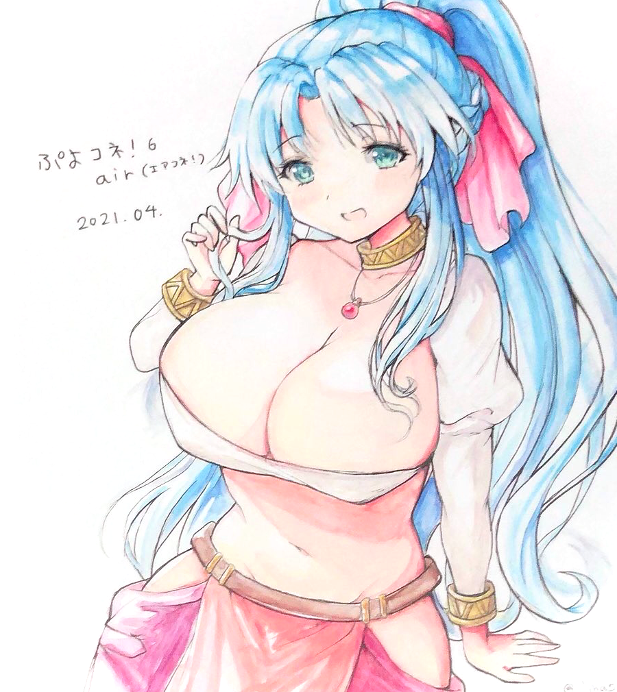 1girls bad_id bad_pixiv_id big_breasts blue_hair breasts dated green_eyes huge_breasts large_breasts long_hair looking_at_viewer massive_breasts ponytail puyo_puyo rulue smile yui_(msy1302mana)