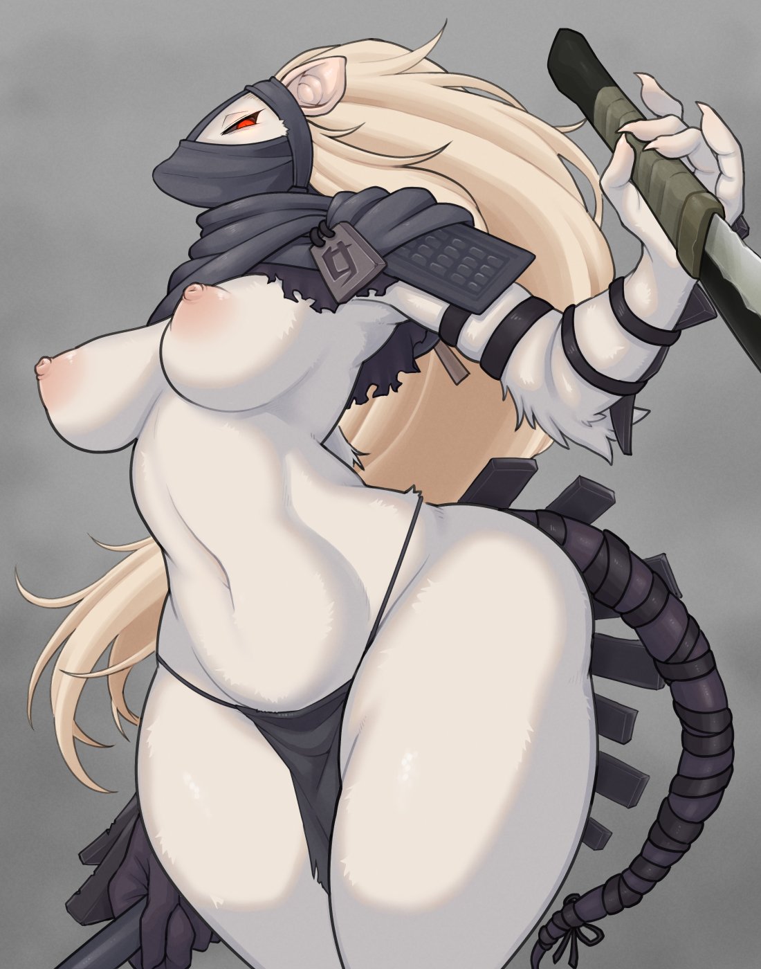 blonde_hair breasts clawed_fingers claws furry furry_ears furry_tail ink-eyes magic_the_gathering mask ninja ninja_mask nipples rat rat_girl rat_humanoid ratfolk red_eyes tail tokumori_kaisen white_fur wide_hips