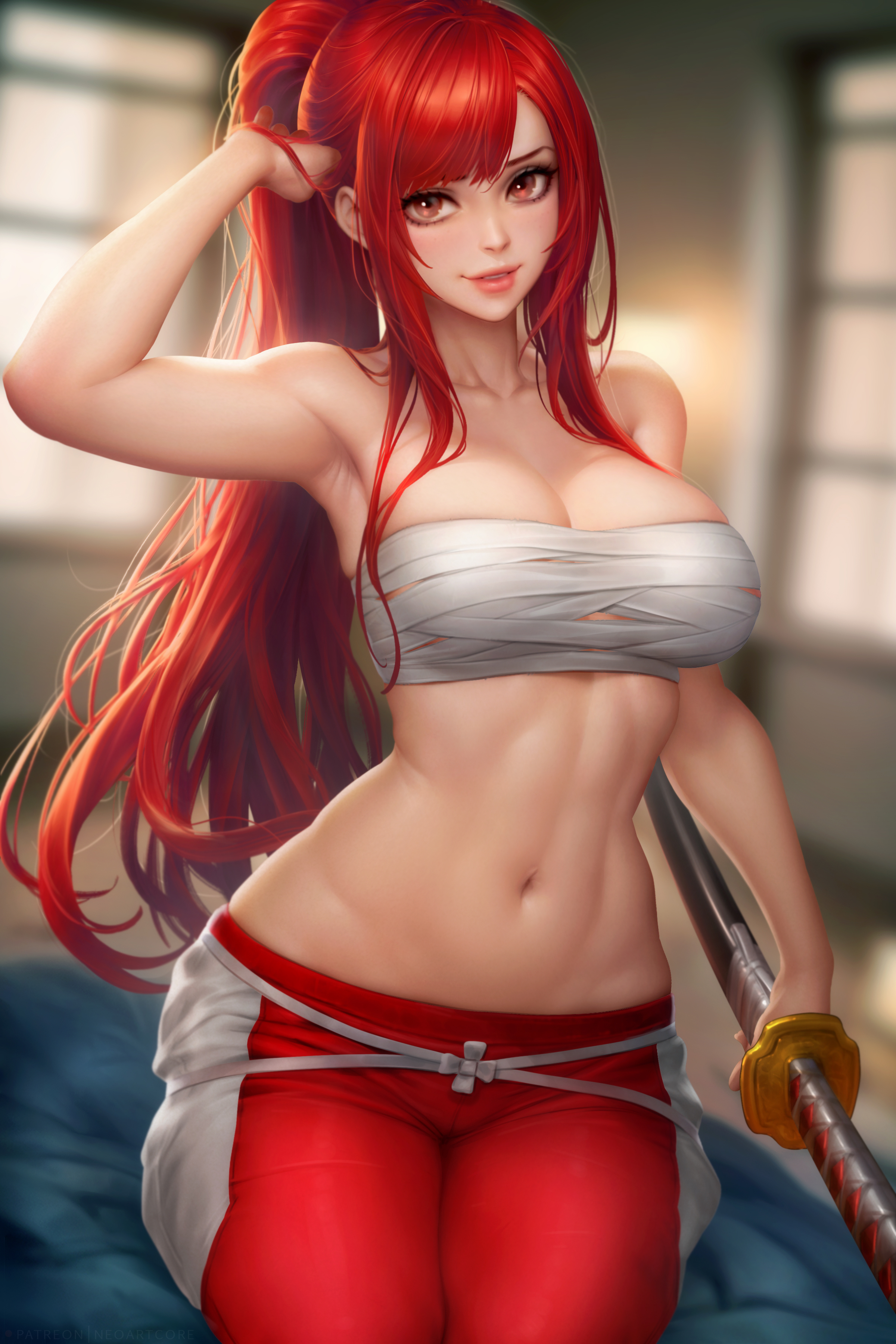 1girls, absurd res, absurdres, armpit, armpits, bangs, bare arms, bare shoulders, big breasts, breasts, busty, cleavage, clothed, clothed female, clothing, erza scarlet, fairy tail, female, female focus, female only, fit, fit female, high resolution, highres, hips, holding katana, holding sword, holding weapon, katana, kneeling, large breasts, large filesize, light skin, light-skinned female, long hair, navel, neoartcore, nudtawut thongmai, on knees, pants, parted lips, ponytail, red clothing, red eyes, red hair, red pants, red-haired female, sarashi, shaved armpit, shaved armpits, smile, stomach, sword, toned, toned body, toned female, toned stomach, very high resolution, weapon