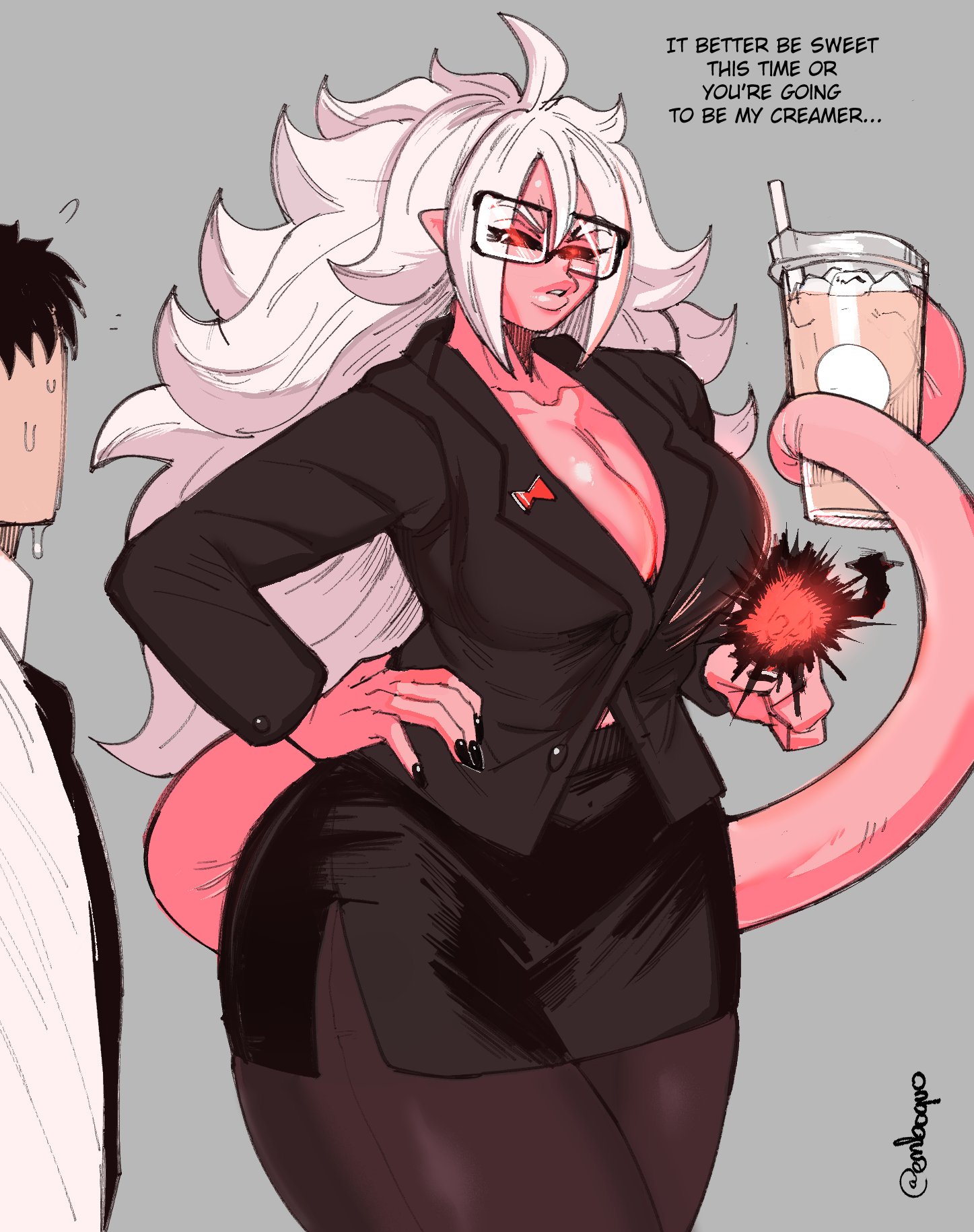 android 21, baku ane 2 otouto ippai shibocchau zo!, breasts, dialogue, dragon ball, dragon ball z, earthling (player), embo, female, glasses, huge breasts, leggings, majin android 21, office lady, pink body, red eyes, tail, thick, thick thighs