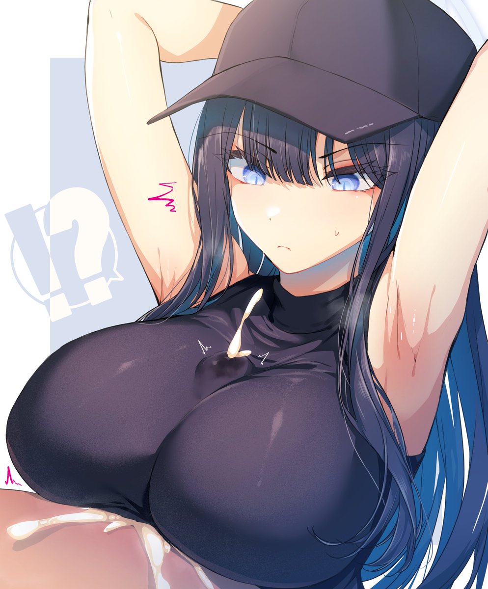 !? 1boy armpit_pose armpits arms_behind_back arms_behind_head arms_up baseball_cap black_hair black_headwear black_shirt blue_archive blue_eyes blue_hair breasts closed_mouth clothed_paizuri cum cum_in_clothes cum_through_clothes ejaculation female hair_between_eyes hat highres large_breasts long_hair multicolored_hair paizuri paizuri_flux paizuri_under_clothes projectile_cum ruined_orgasm saori_(blue_archive) shirt showing_armpits solo_focus straight two-tone_hair uko_magi