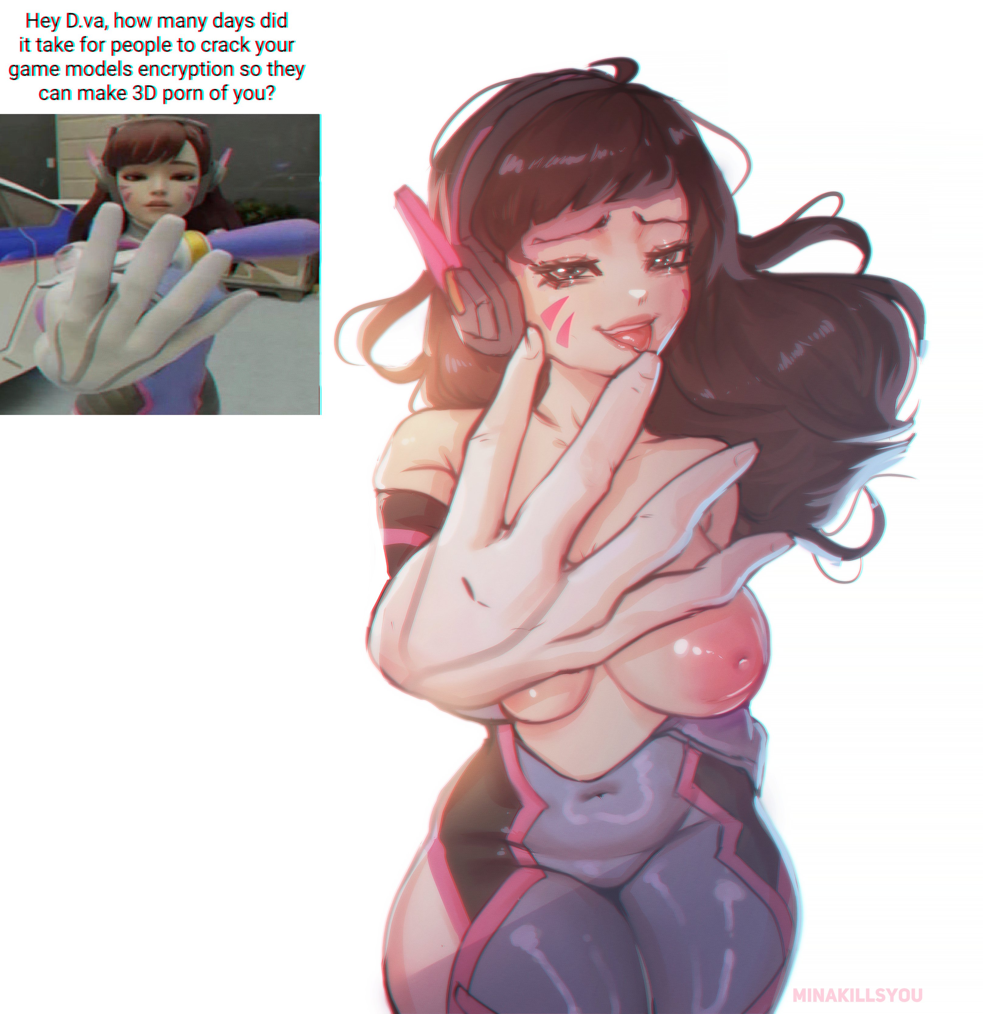 1girls, areolae, bangs, black eyes, black hair, bodysuit, bodysuit aside, breasts, d.va, female, female only, headphones, long hair, looking at viewer, minakillsyou, narrowed eyes, nipples, outstretched hand, overwatch, reference image, smiling, smiling at viewer, solo, tongue, tongue out, topless, very high resolution, voluptuous, white background