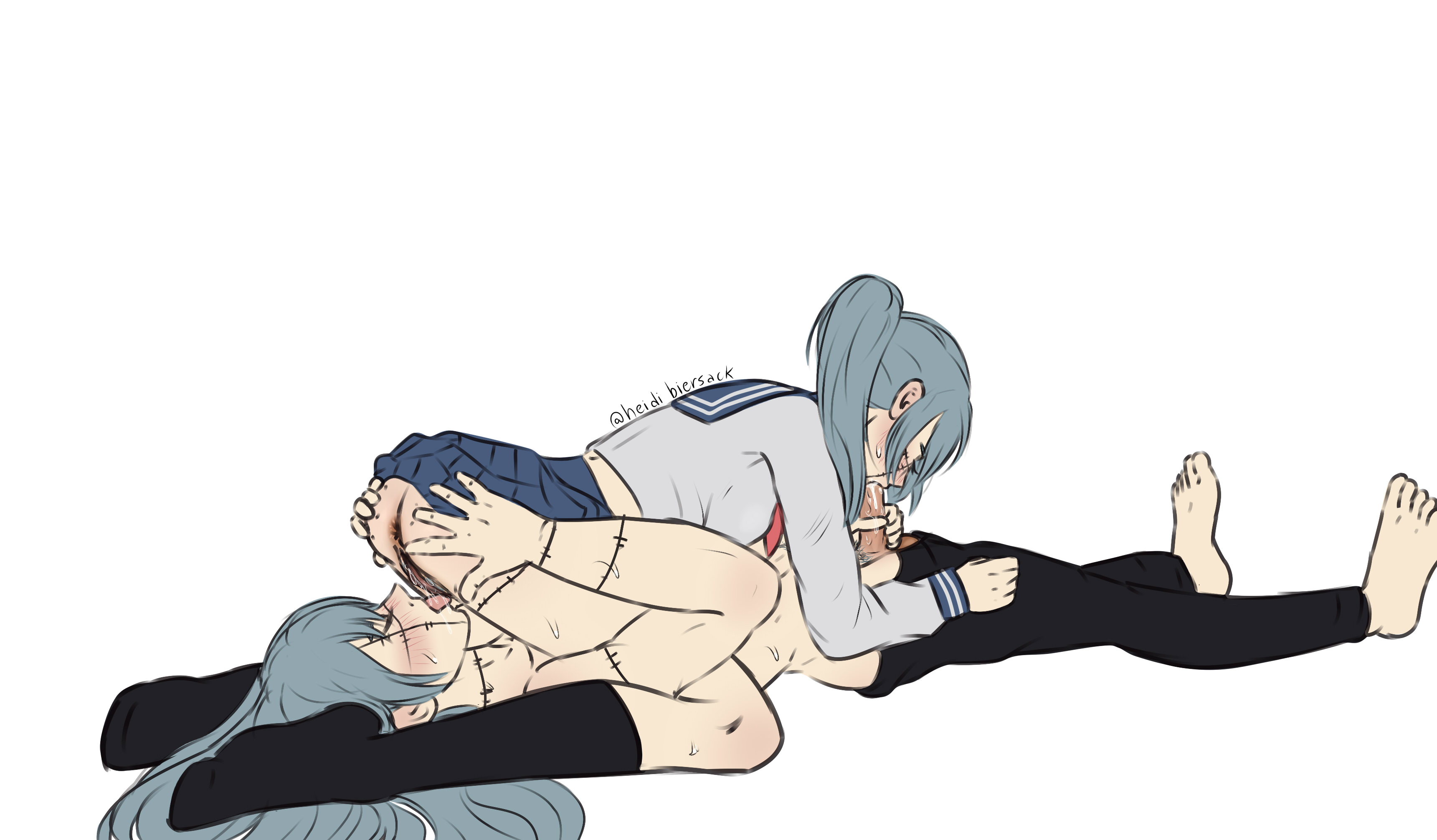 1boy, 1girls, 69, 69 position, anus, blue hair, cunnilingus, fellatio, female, heidibiersack, jujutsu kaisen, mahito (jujutsu kaisen), male, oral sex, penis, ponytail, pussy, rule 63, school uniform, selfcest, stitches