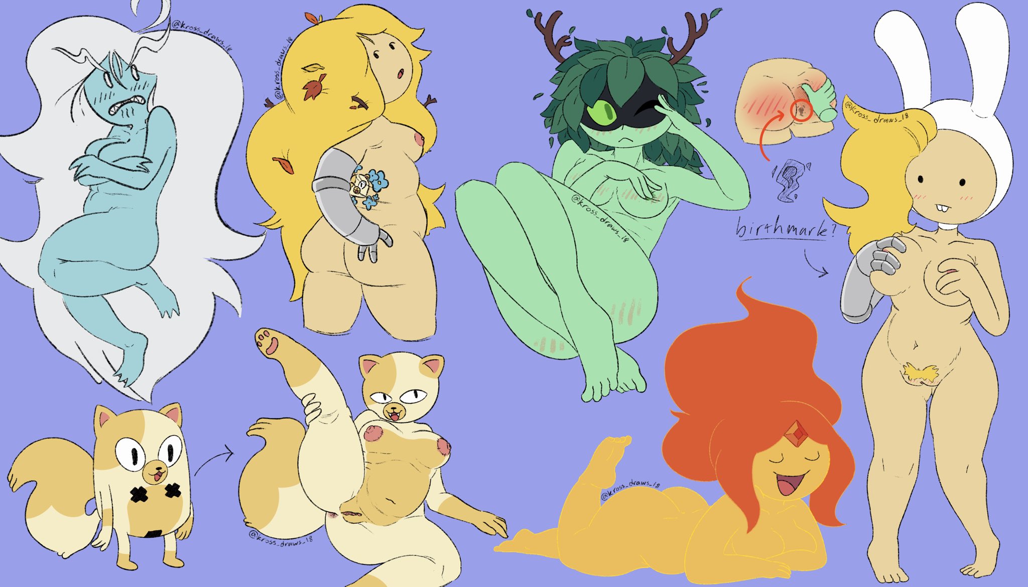 adventure time, anus, ass, breasts, cake the cat, embarrassed, female, fionna the human girl, flame princess, huntress wizard, ice queen, ice queen (adventure time), kross draws, nude, pussy