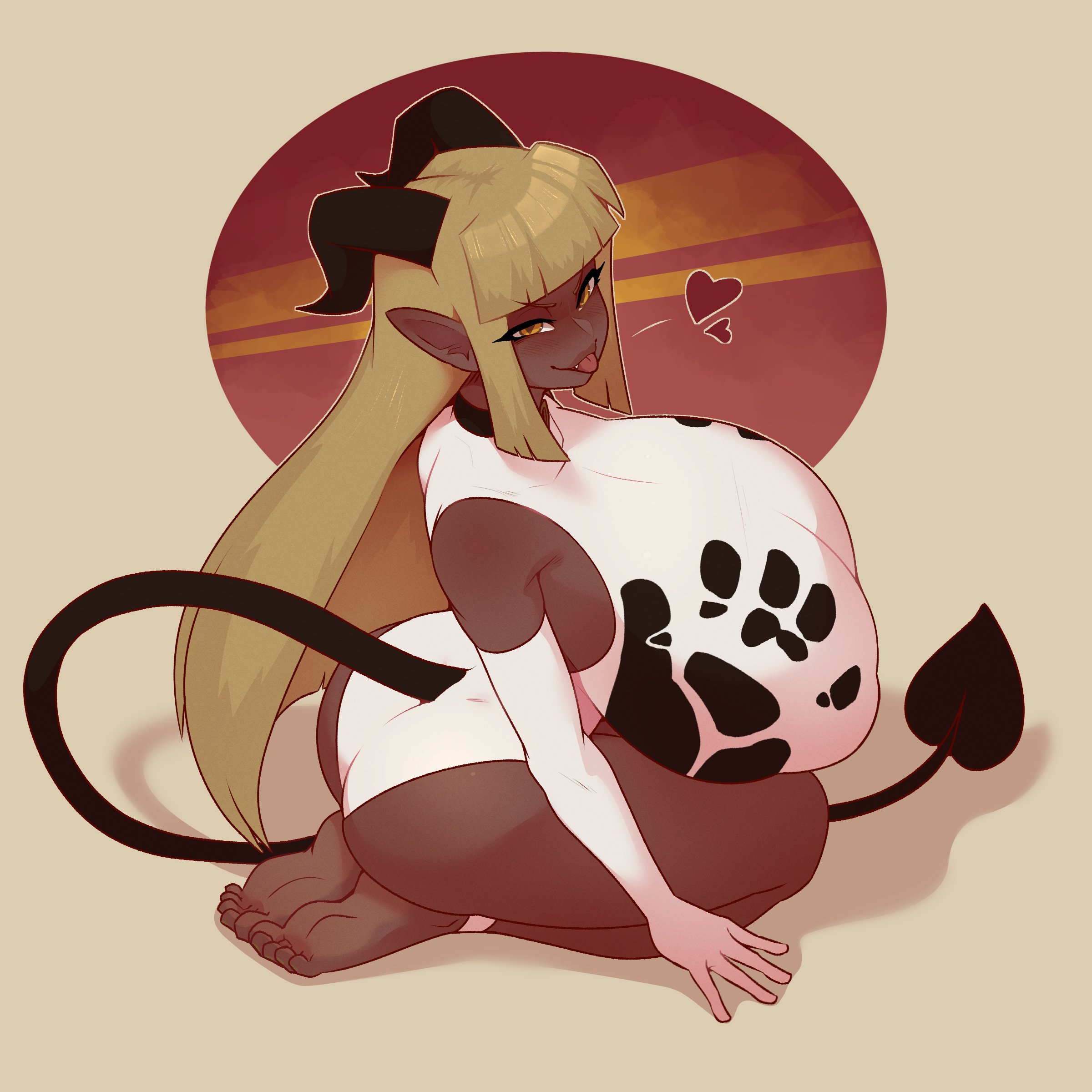 1girls, 2d, arm grab, armwear, ass, big ass, blonde hair, breasts, cleavage, commission, dabble, dark skin, dark-skinned female, demon, demon girl, demon horns, demon tail, female, female only, hi res, horns, huge breasts, hyper breasts, kneeling, leotard, long hair, looking at viewer, narrowed eyes, pointy ears, smiling, smiling at viewer, solo, tail, tongue, tongue out, voluptuous, yellow eyes