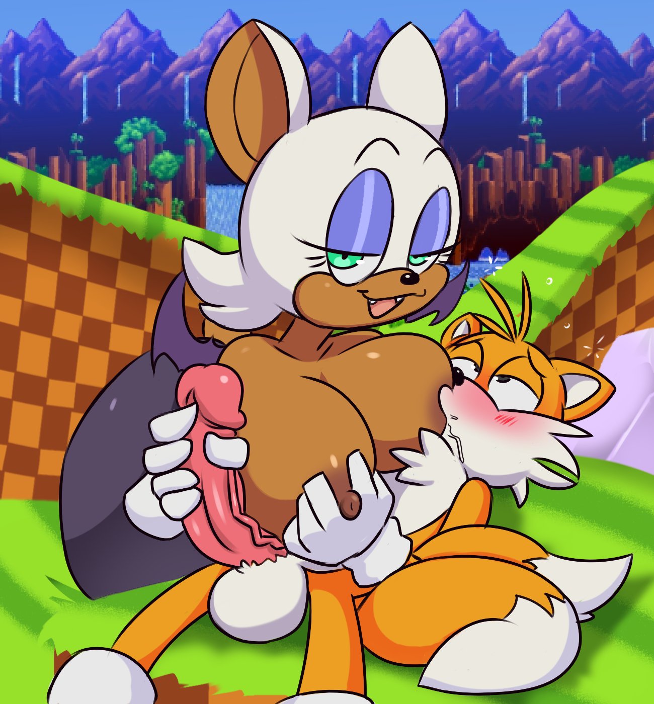 1boy, 1girls, age difference, anthro, bat, blush, breastfeeding, breasts, female, fox, gloved handjob, green hill zone, handjob, large breasts, male, nursing, nursing handjob, older female, rouge the bat, sega, sonic (series), sonic the hedgehog (series), tails, tails the fox, younger male