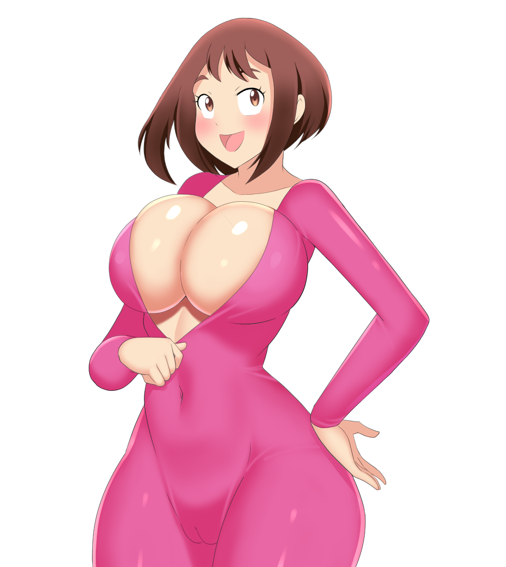 1girls big_breasts bodysuit breasts brown_eyes brown_hair cameltoe female female_only hair hips huge_breasts mangakay84 my_hero_academia ochako_uraraka pink_bodysuit smile solo solo_female thighs tight_clothing unzipped unzipped_bodysuit wide_hips zentai