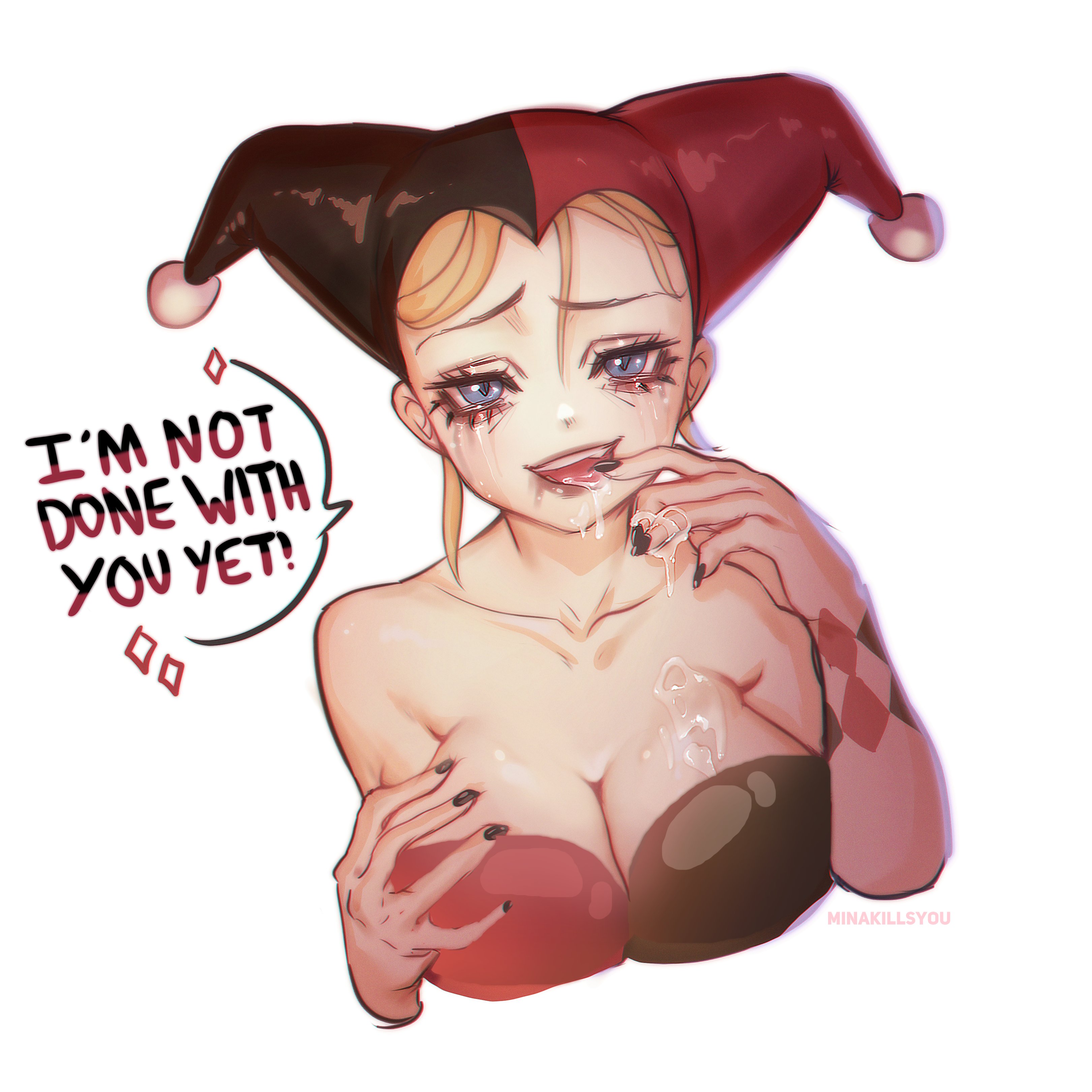 1girls, batman (series), big breasts, black fingernails, blonde hair, blue eyes, breasts, cleavage, cum, cum on breasts, cum on mouth, cum on tongue, dc, dc comics, dialogue, english text, female, female only, finger to mouth, hand on breast, harley quinn, harley quinn (classic), jester cap, looking at viewer, minakillsyou, narrowed eyes, smeared lipstick, smiling, smiling at viewer, solo, speech bubble, talking to viewer, tears, topwear, very high resolution, white background