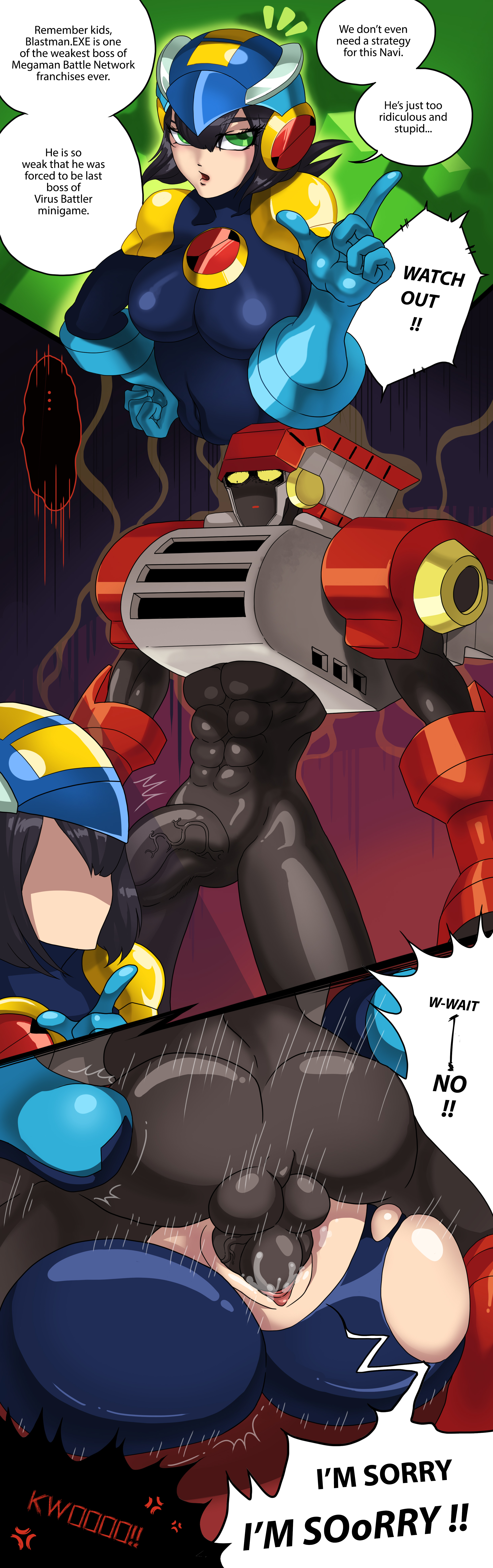angry, artist request, ass, black hair, black penis, black skin, blast man, bodysuit, breasts, comic, female, green eyes, instant loss 2koma, latex clothing, latex suit, male, mating press, mega man, mega man battle network, megaman.exe, penis, pussy, rape, revenge, rule 63, sex, short hair, tight clothing, translated, vaginal, vaginal penetration, vaginal sex