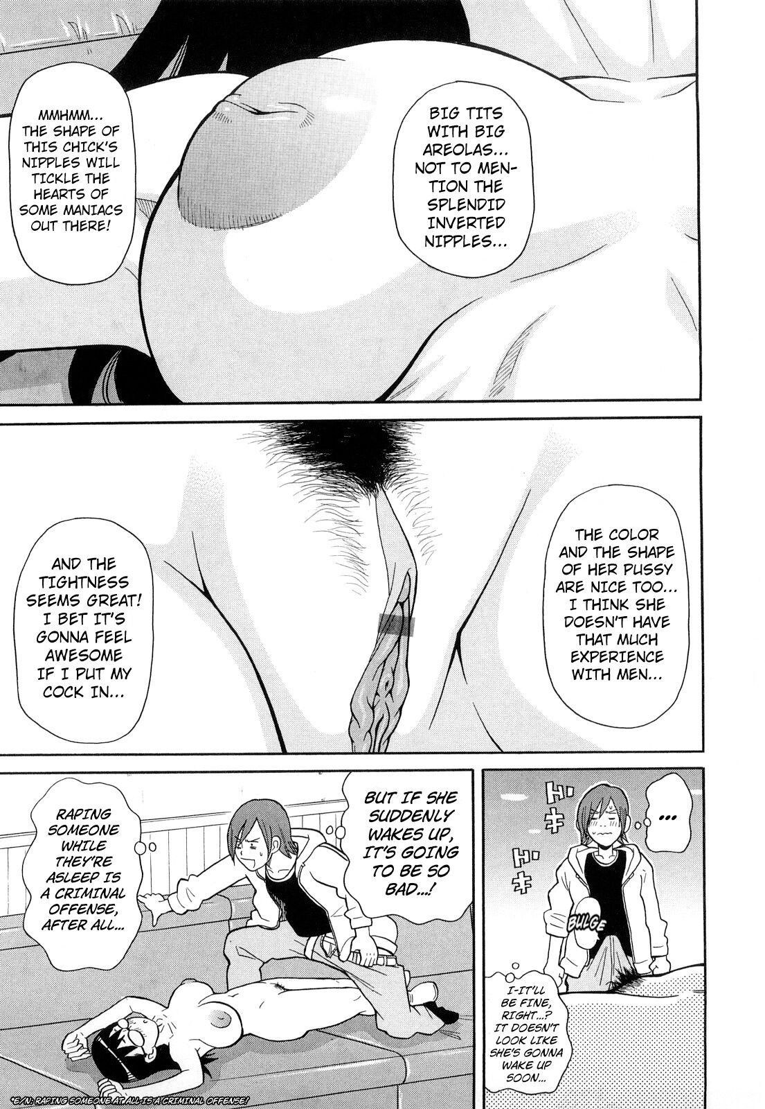 big breasts, blush, breasts, censored, censored pussy, clitoral hood, clitoris, comic, english, english text, erection, erection under clothes, female, glasses, hairy pussy, hanging breasts, imminent rape, inverted nipples, japanese text, john k. pe-ta, manga, nipples, peehole, pussy, rape, sagging breasts, saggy breasts, sleeping, somnophilia