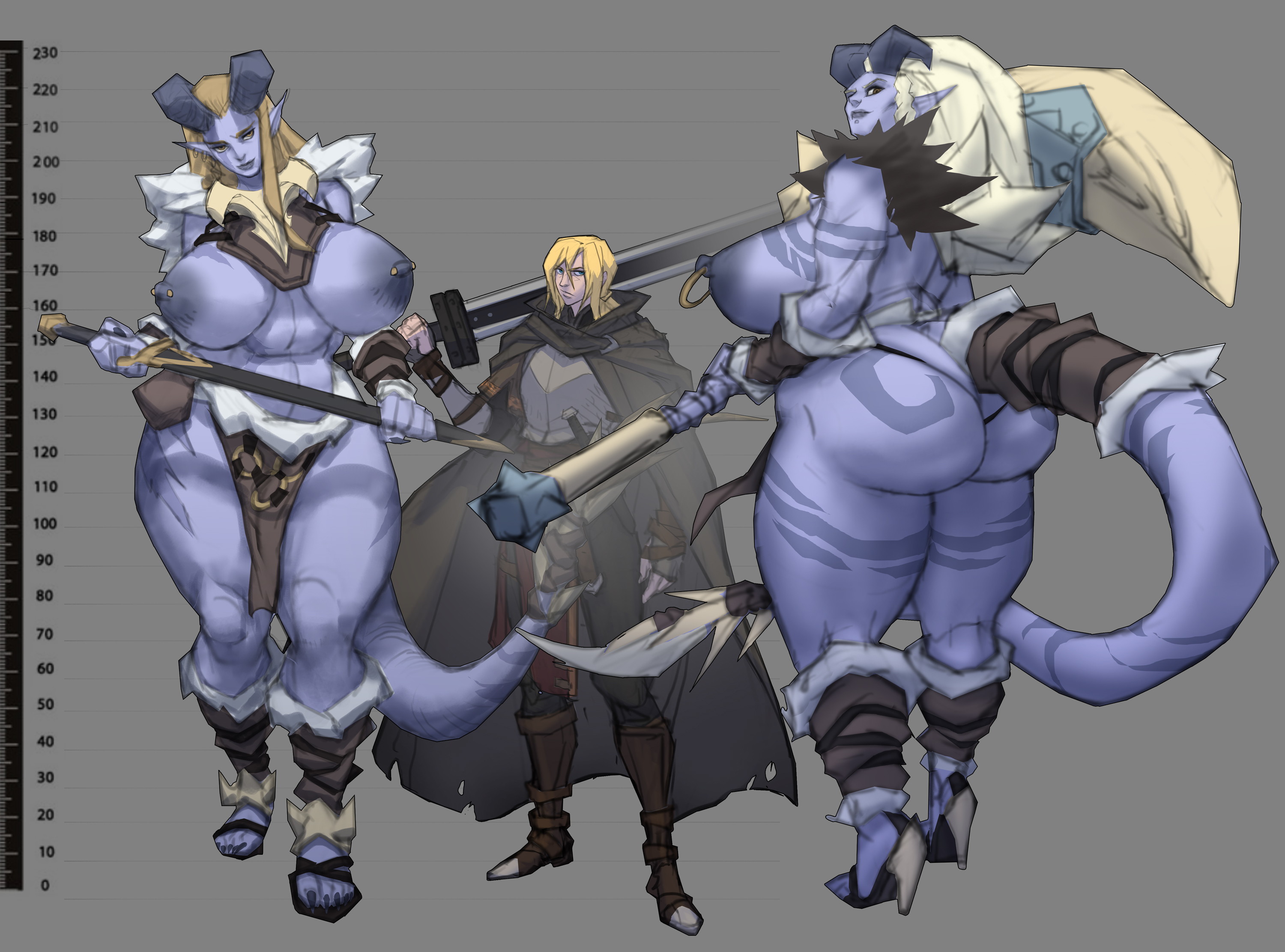 1boy, 2girls, 69 (artist), abs, areolae, armor, ass, big ass, big breasts, bigger female, blonde hair, blue skin, breasts, busty, cape, child bearing hips, cloak, elf ears, fat ass, female, high heels, horned humanoid, horns, hourglass figure, huge ass, huge breasts, huge thighs, large ass, large breasts, large thighs, larger female, male, mature female, milf, muscular, muscular female, nipple piercing, nipples, original character, piercing, round ass, skimpy, skimpy armor, skimpy clothes, smaller male, sword, tail, taller female, thick, thick ass, thick thighs, topless, unconvincing armor