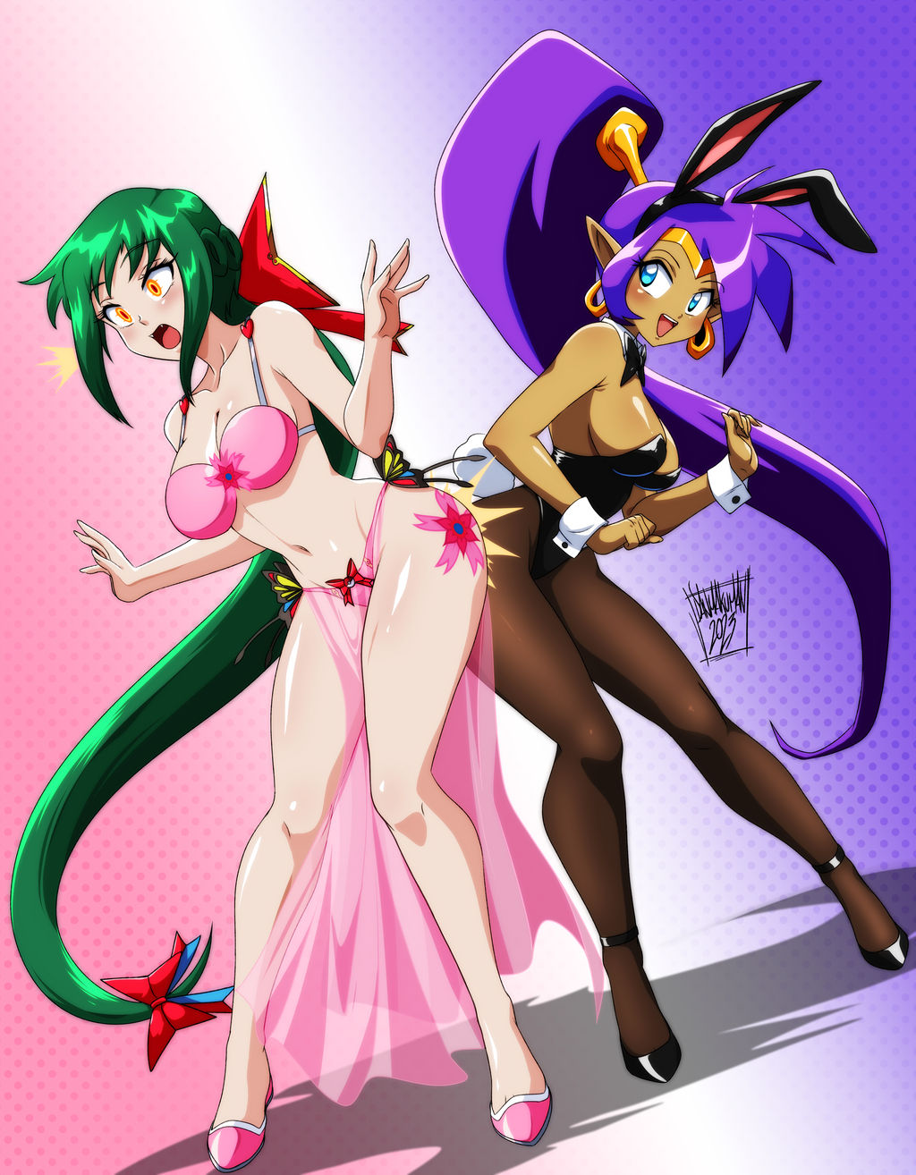 2girls, bikini, blue eyes, breasts, bunny ears, bunnysuit, butt bump, danmakuman, dark skin, dark-skinned female, fangs, female, female only, genie, green hair, large breasts, leotard, loincloth, long hair, multiple females, multiple girls, original character, pointy ears, purple hair, shantae, shantae (character), smooth skin, yellow eyes