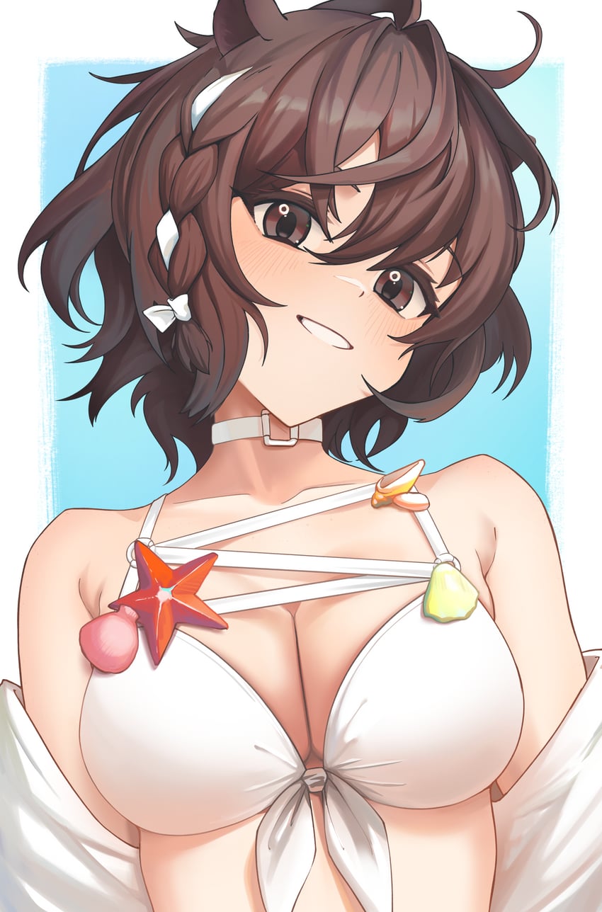 1girls 2020s 2023 animal_ears arknights bare_arms bare_shoulders bikini braid breasts brown_eyes brown_hair choker cleavage collarbone grin hair_between_eyes highres large_breasts looking_at_viewer messy_hair off_shoulder radioneet roberta_(arknights) short_hair smile smiling solo swimsuit teeth upper_body