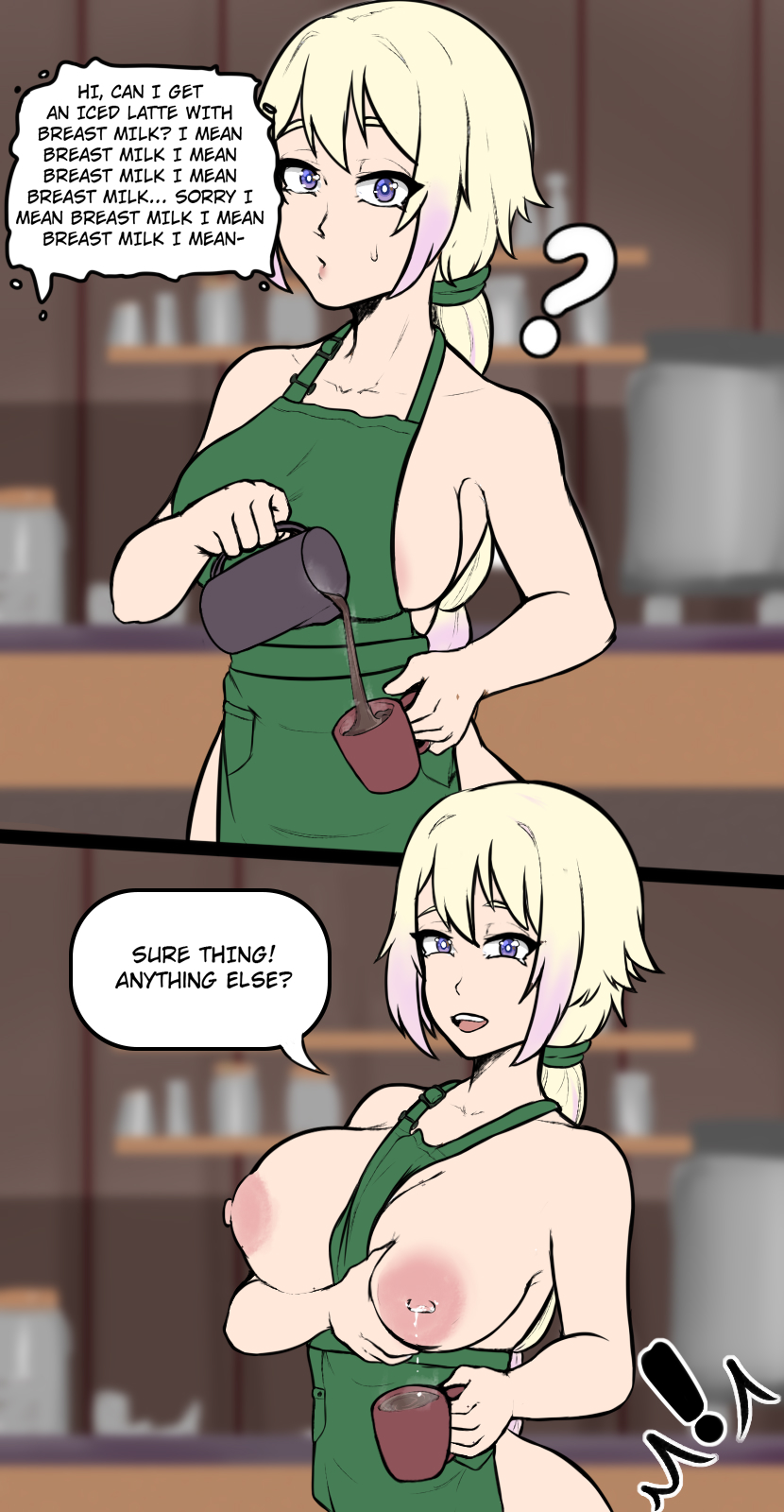1girls, apron, big breasts, blonde hair, blurry background, breasts, coffee, english text, female, iced latte with breast milk, lactation, long hair, meme, naked apron, panels, pouring, sieroo, speech bubble, starbucks, talking to viewer