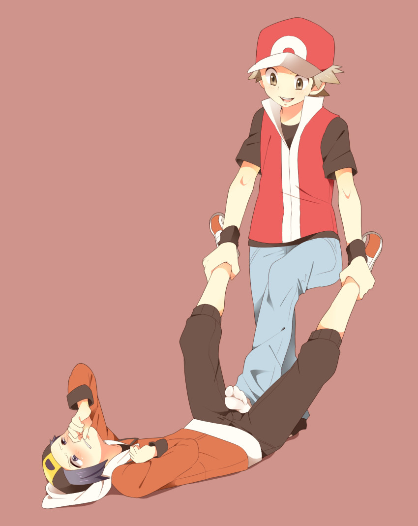 2boys ball_busting ballbusting blush bulge cap clothing embarrassed ethan_(pokemon) foot_on_bulge holding_legs looking_down looking_embarrased loser male_only pokemon pokemon_frlg pokemon_hgss pumpkinpan red_(pokemon) shoeless simple_background smug stomping yaoi