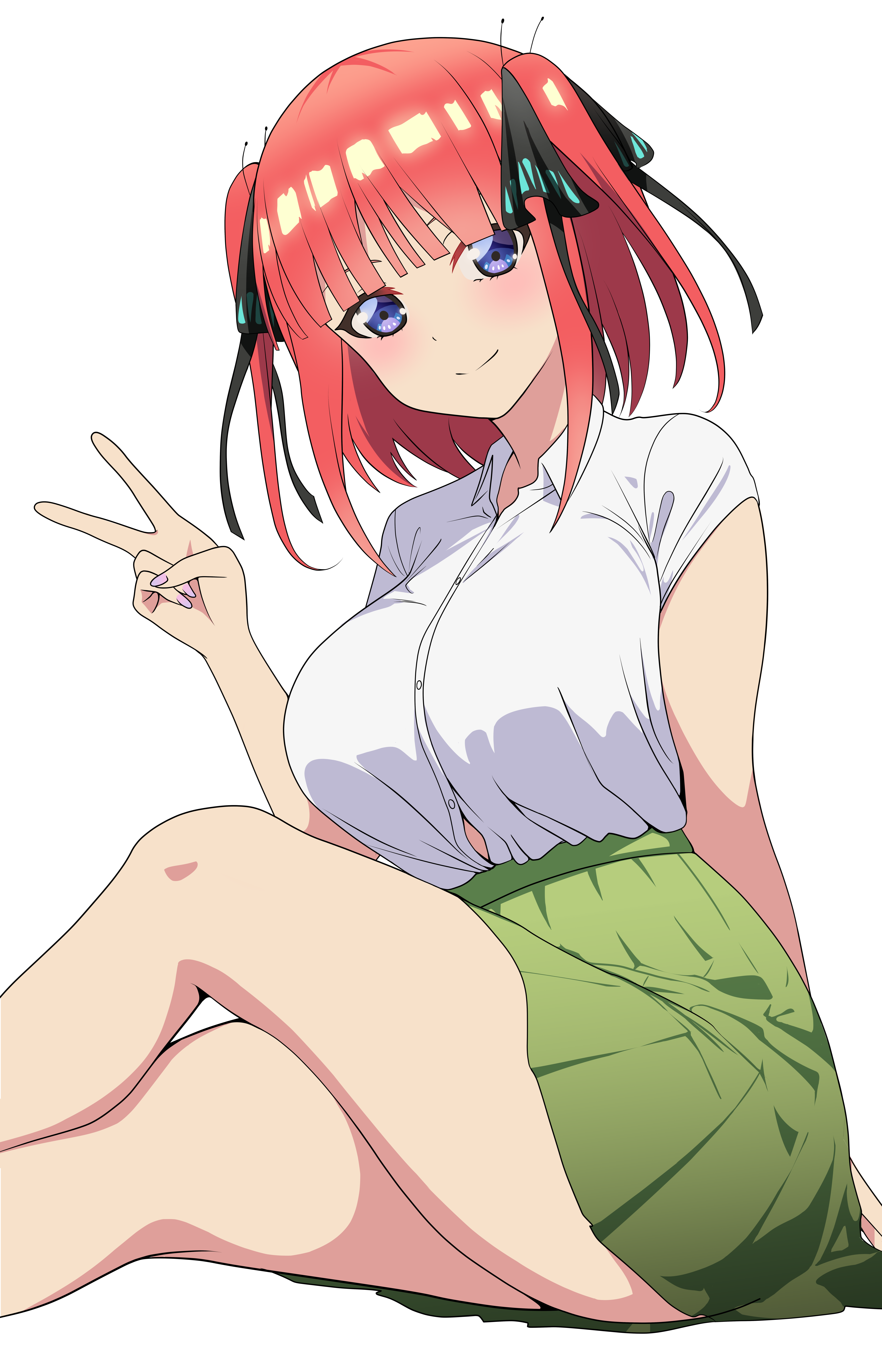 :), 1girls, big breasts, blue eyes, blush, breasts, coro fae, crossed legs, female, female only, fully clothed, go-toubun no hanayome, green skirt, hair ribbon, head tilt, highres, legs, light skin, light-skinned female, looking at viewer, nail polish, nails, nakano nino, peace sign, red hair, shirt, short hair, short sleeves, sitting, skirt, smile, solo, thighs, v, v sign, white background, white shirt