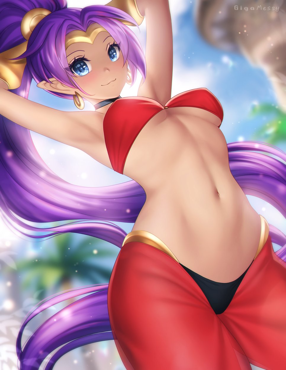 1girls 2d armpits arms_behind_head belly_button blue_hair breasts child_bearing_hips clothed clothing female female_focus female_only genie gigamessy half-genie hands_behind_head highres long_ponytail navel pointed_ears pointy_ears ponytail pose posing purple_hair sexy_armpits shantae shantae_(character) smile smooth_skin solo solo_female thighs wayforward wide_hips