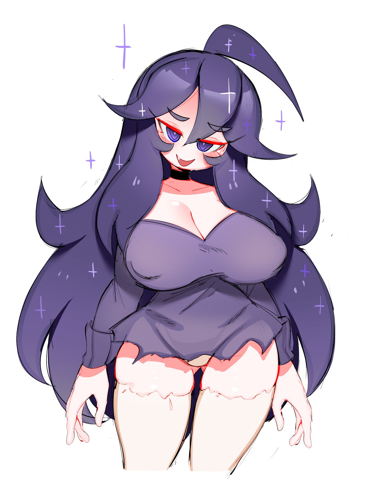 choker dress flowing_hair gigantic_breasts hex_maniac horny hourglass_figure kaziedell large_breasts leggings long_hair messy_hair nipple_bulge pantyshot pokemon pokemon_rse purple_dress purple_eyes purple_hair red_eyeliner sketch smiling smiling_at_viewer standing stockings thin_clothing tilting_head white_legwear