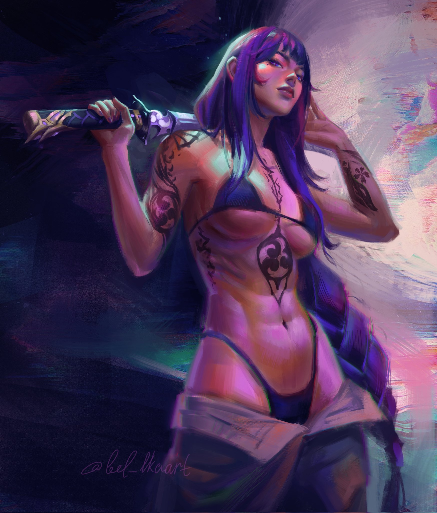 abs, bel lkaart, female, genshin impact, purple eyes, purple hair, raiden shogun, sword, tattoo