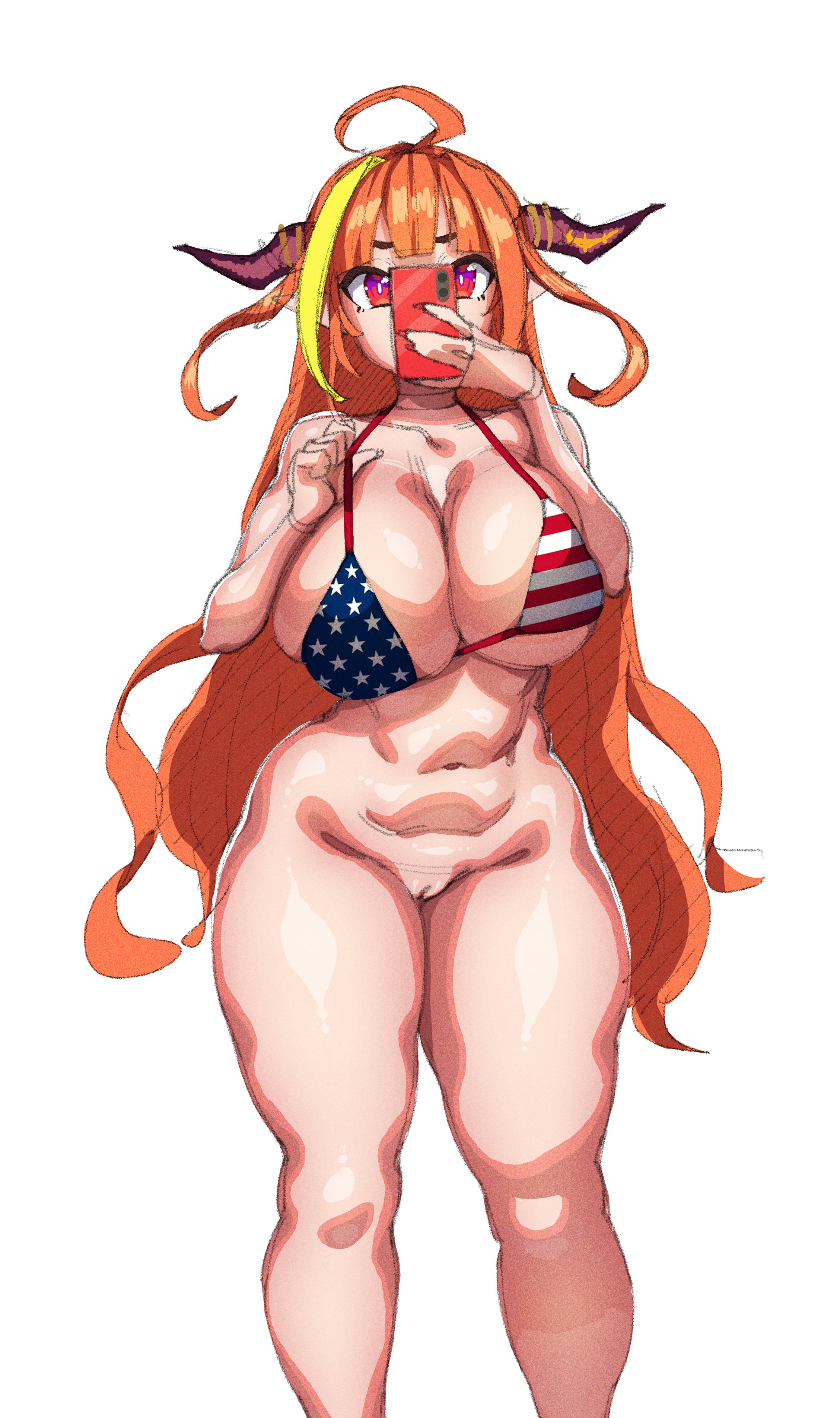 american flag bikini, breasts, female, half naked, holoforce, hololive, hololive japan, huge breasts, kiryu coco, makinakid, phone, virtual youtuber