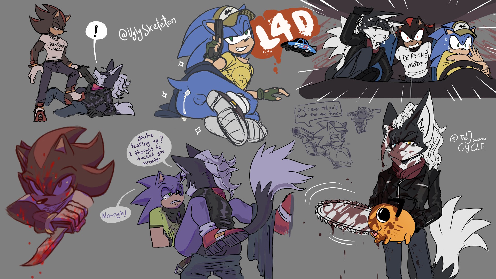 anal, anal sex, anthro, ass, balls, chainsaw man, crossover, cum, cum in ass, femboy, furry, gay, gay sex, infinite (sonic), infinite the jackal, male, penetration, penis, pochita (chainsaw man), shadow the hedgehog, sonic (series), sonic the hedgehog, toodamncycle, uglyskeleton, yaoi