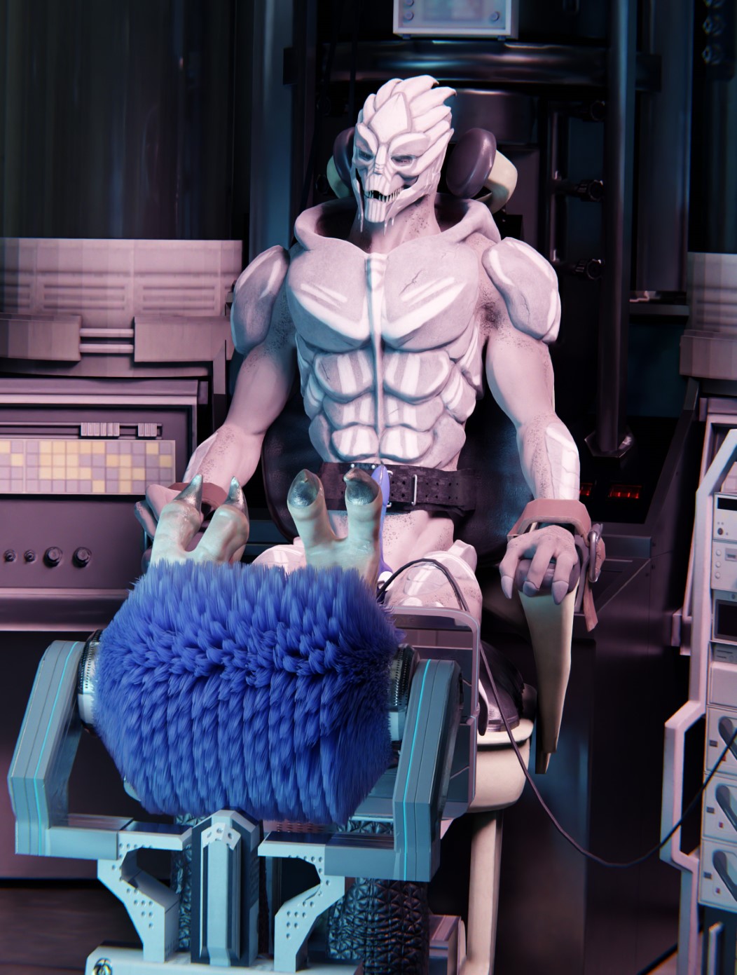 3d_(artwork) alien anthro bondage bound chair chair_bondage digital_media_(artwork) feet foot_fetish furniture genitals hi_res laboratory machine male mass_effect medical nude penis ralic_turman restraints solo submissive tickle_torture tickling toes turian