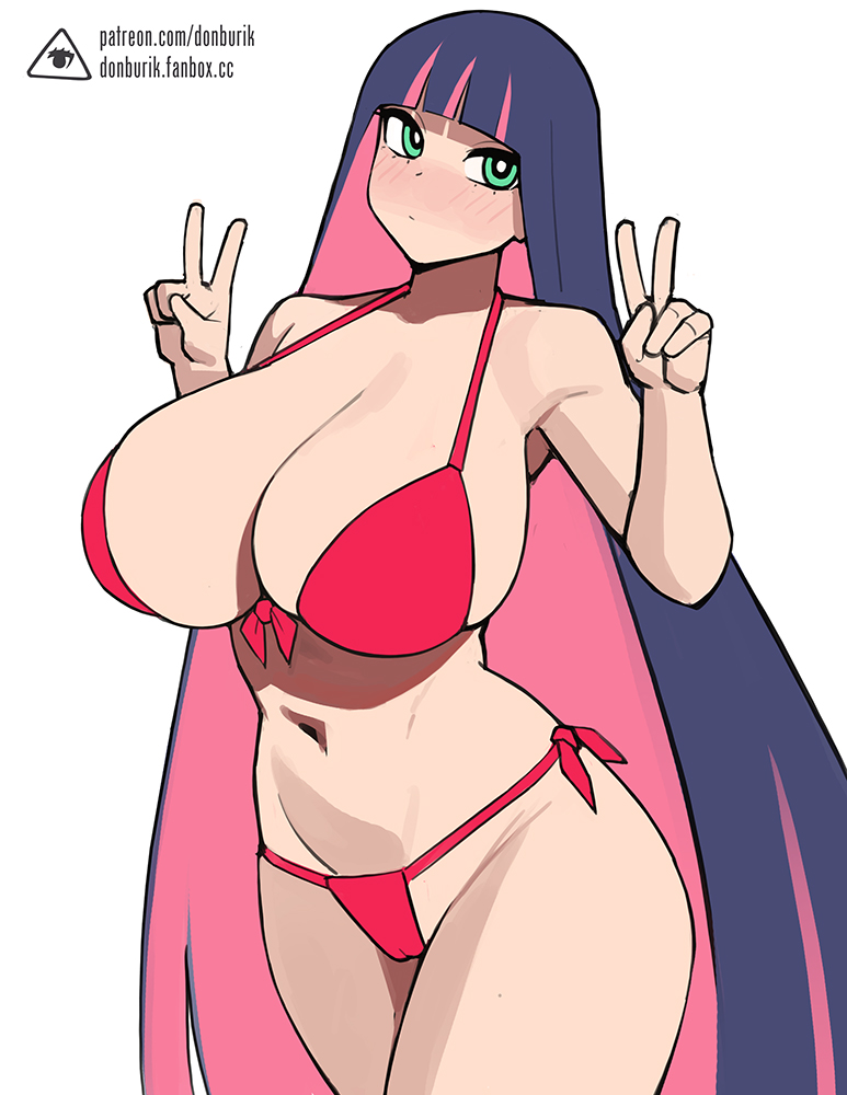 1girls bangs big_breasts bikini blue_hair blunt_bangs blush cameltoe donburikazoku double_v female female_only green_eyes long_hair looking_at_viewer panty_&_stocking_with_garterbelt pink_hair solo stocking_anarchy thick_thighs two_tone_hair v_sign very_long_hair white_background