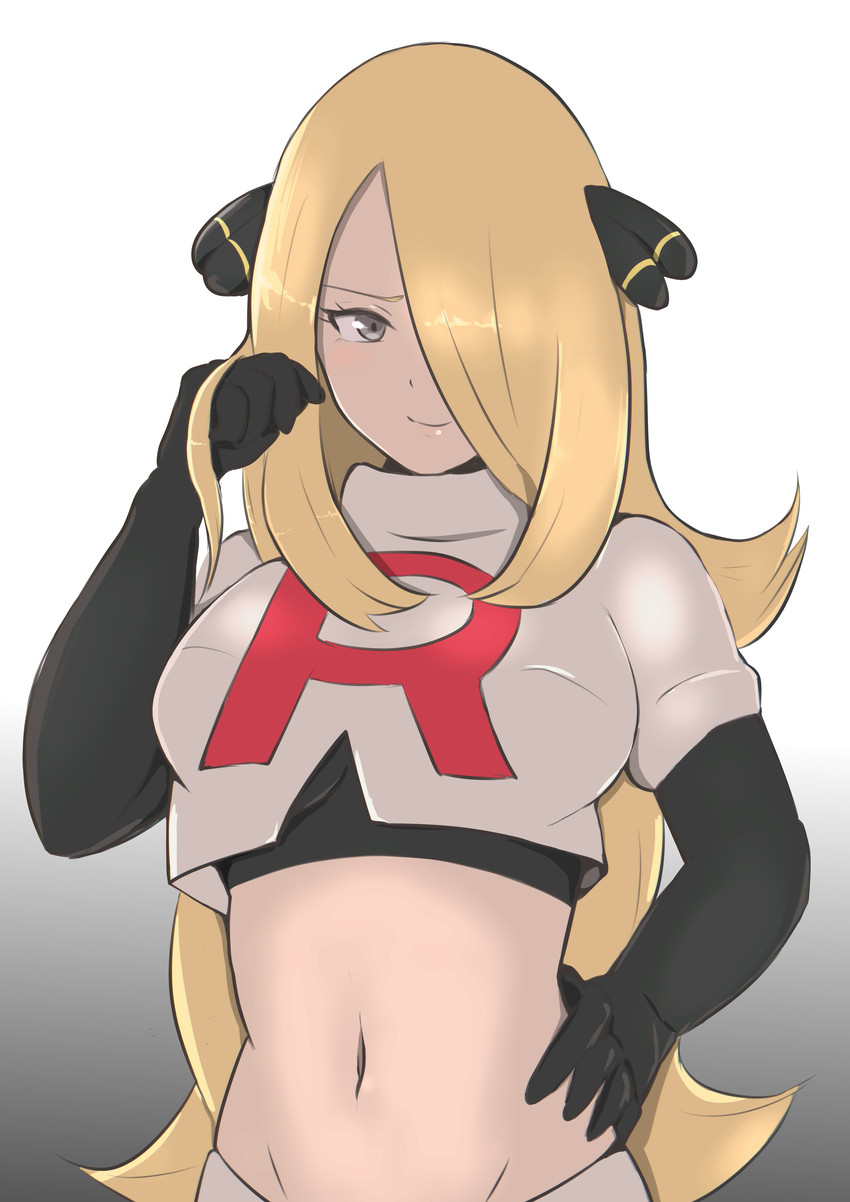 1girls, blonde hair, clothed, clothed female, corruption, cynthia (pokemon), enemy conversion, female, pokemon, solo, solo female, tagme, team rocket, team rocket uniform