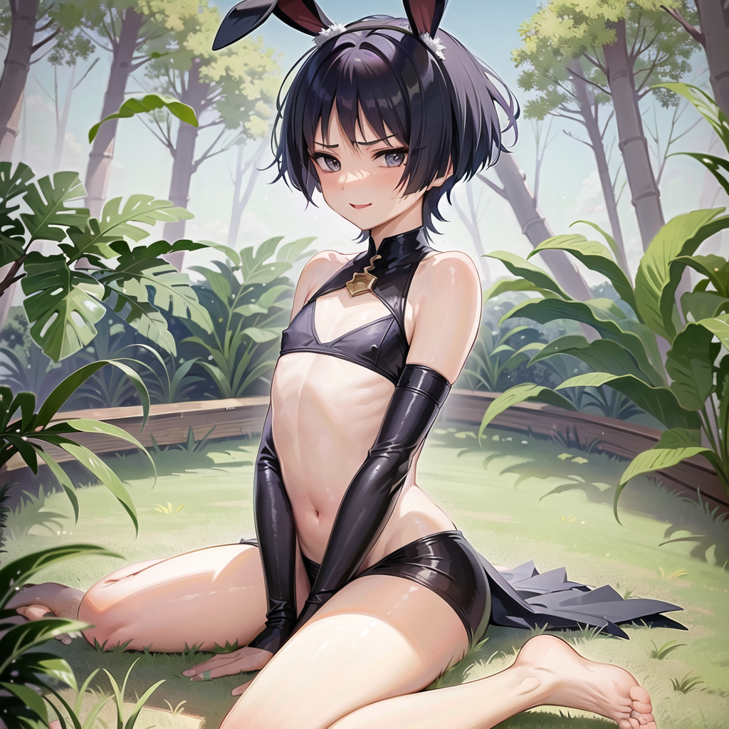 1boy, ai generated, arm support, bare shoulders, barefoot, blue sky, bunny ears, crop top, cutout, detached sleeves, feet, femboy, forest, genshin impact, highres, latex, looking at viewer, male, male only, nipples, on grass, on ground, purple eyes, purple hair, scaramouche (genshin impact), sitting, solo, solo focus, stable diffusion, tagme, tight shorts