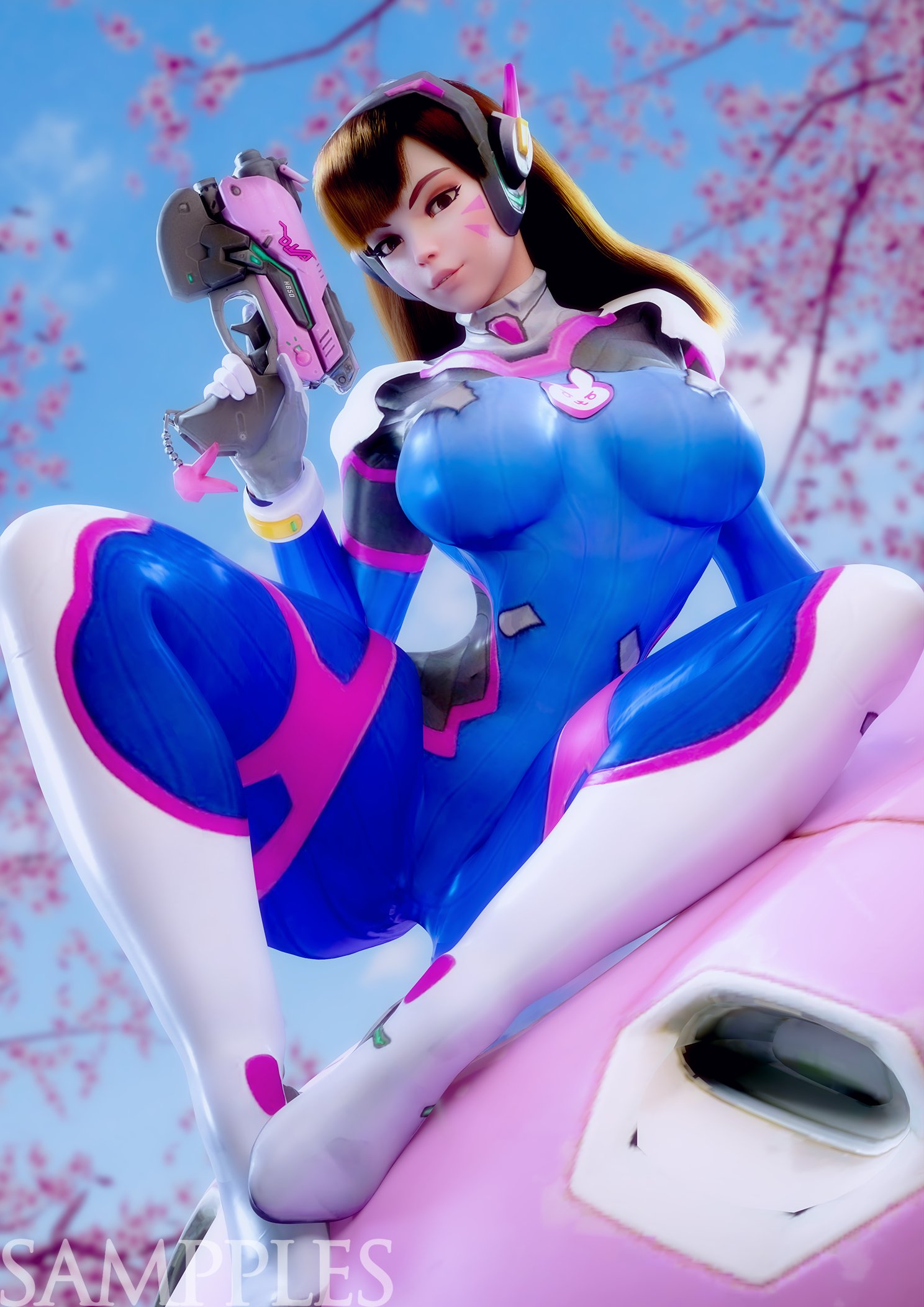 1girls, 3d, big breasts, bodysuit, breasts, brown eyes, brown hair, d.va, facial markings, female, female only, headphones, headset, long hair, looking at viewer, overwatch, pale skin, sampples, solo, thick thighs, wide hips