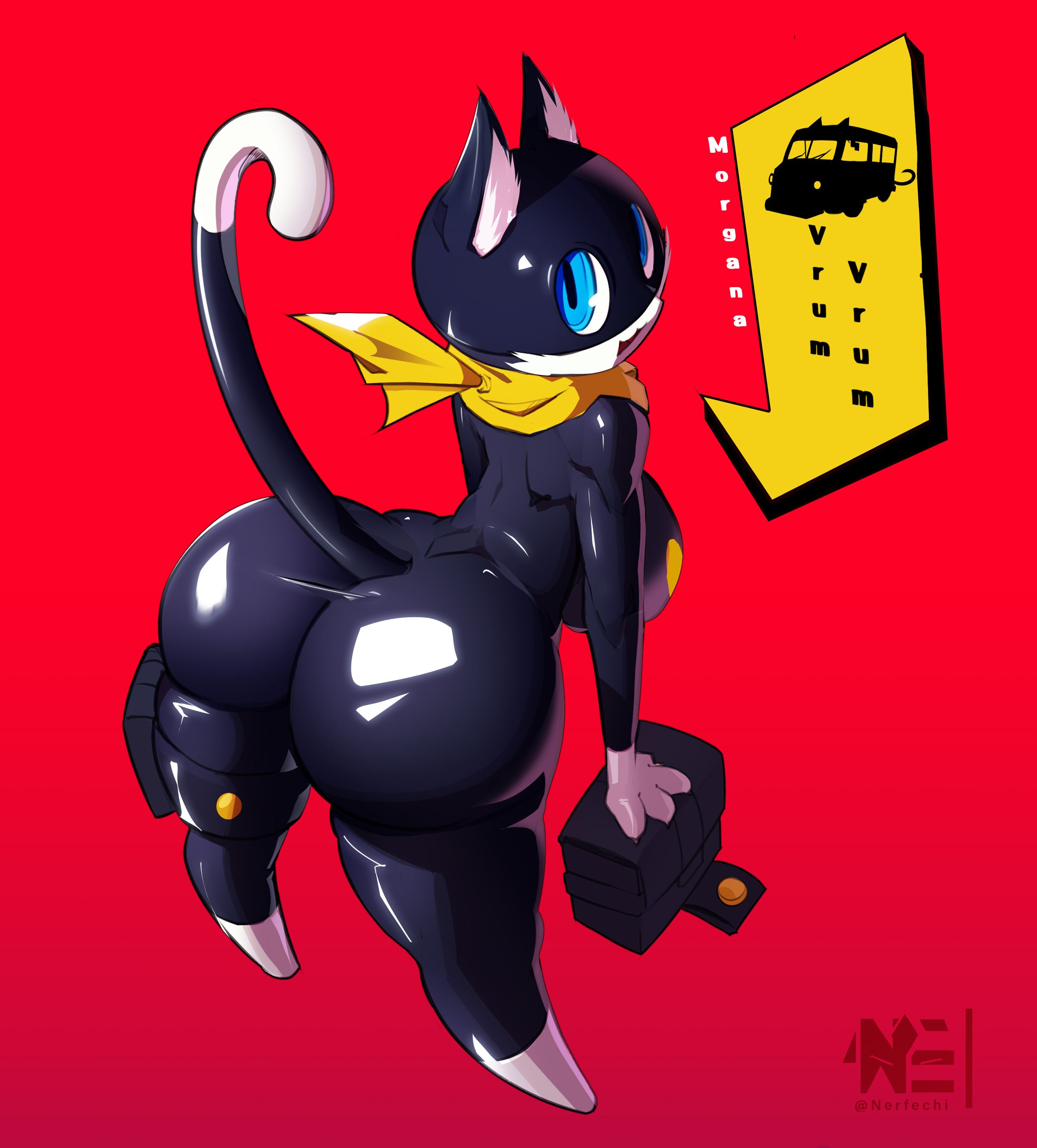 :3, animal ears, ass, big ass, big butt, black cat, blue eyes, bubble ass, bubble butt, cat ears, feline, female, fur, genderswap, genderswap (mtf), half-closed eyes, huge ass, looking back, morgana (persona), nerfechi, outdoors, persona, persona 5, rule 63, solo female, tail