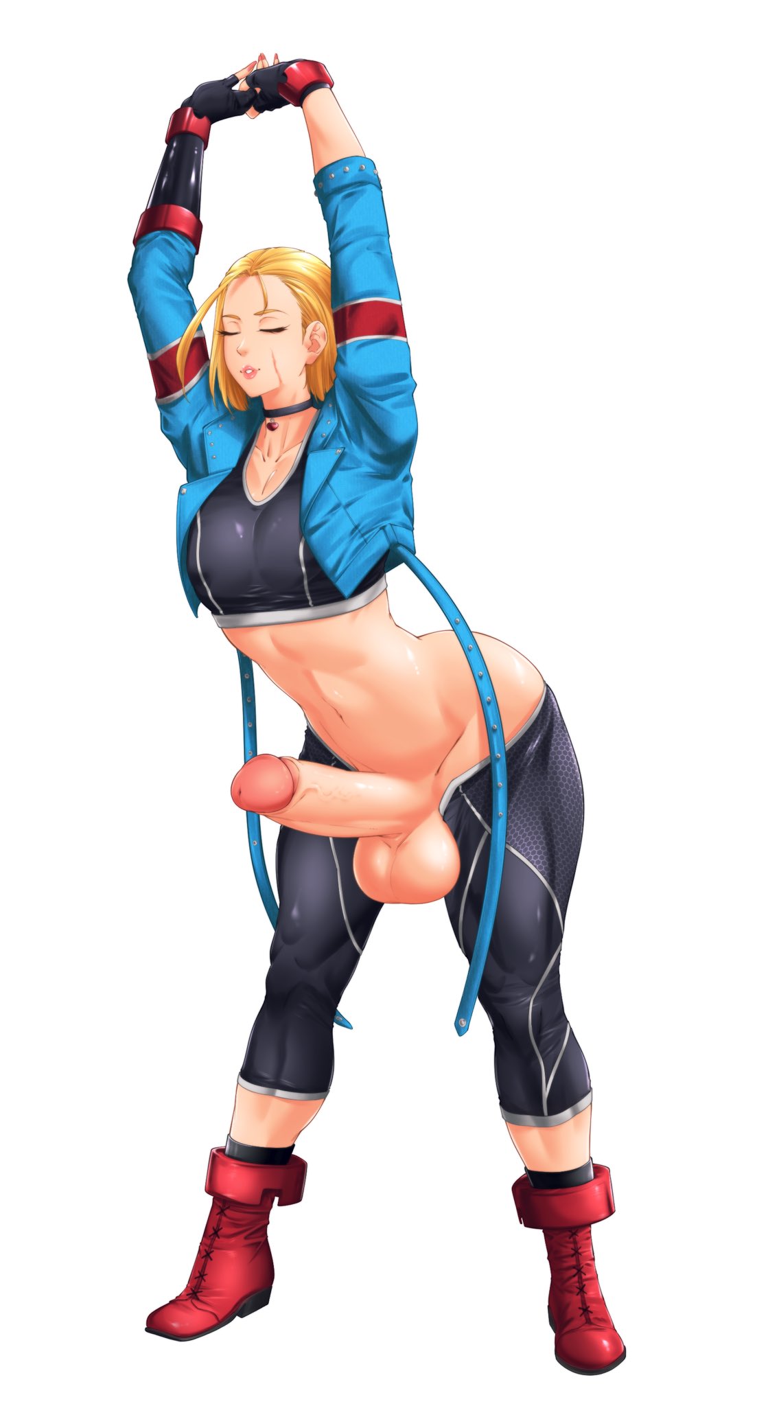 1boy, 1femboy, balls, big penis, blonde hair, cammy stretch, cammy white, capcom, choker, closed eyes, femboy, fingerless gloves, genderswap, genderswap (ftm), gloves, huge cock, hung femboy, hung trap, large penis, male, male cammy, male focus, male only, nail polish, penis, rule 63, scar, scar on face, street fighter, street fighter 6, suiren ciao, testicles, thick boy, thick femboy, thick thighs, trap