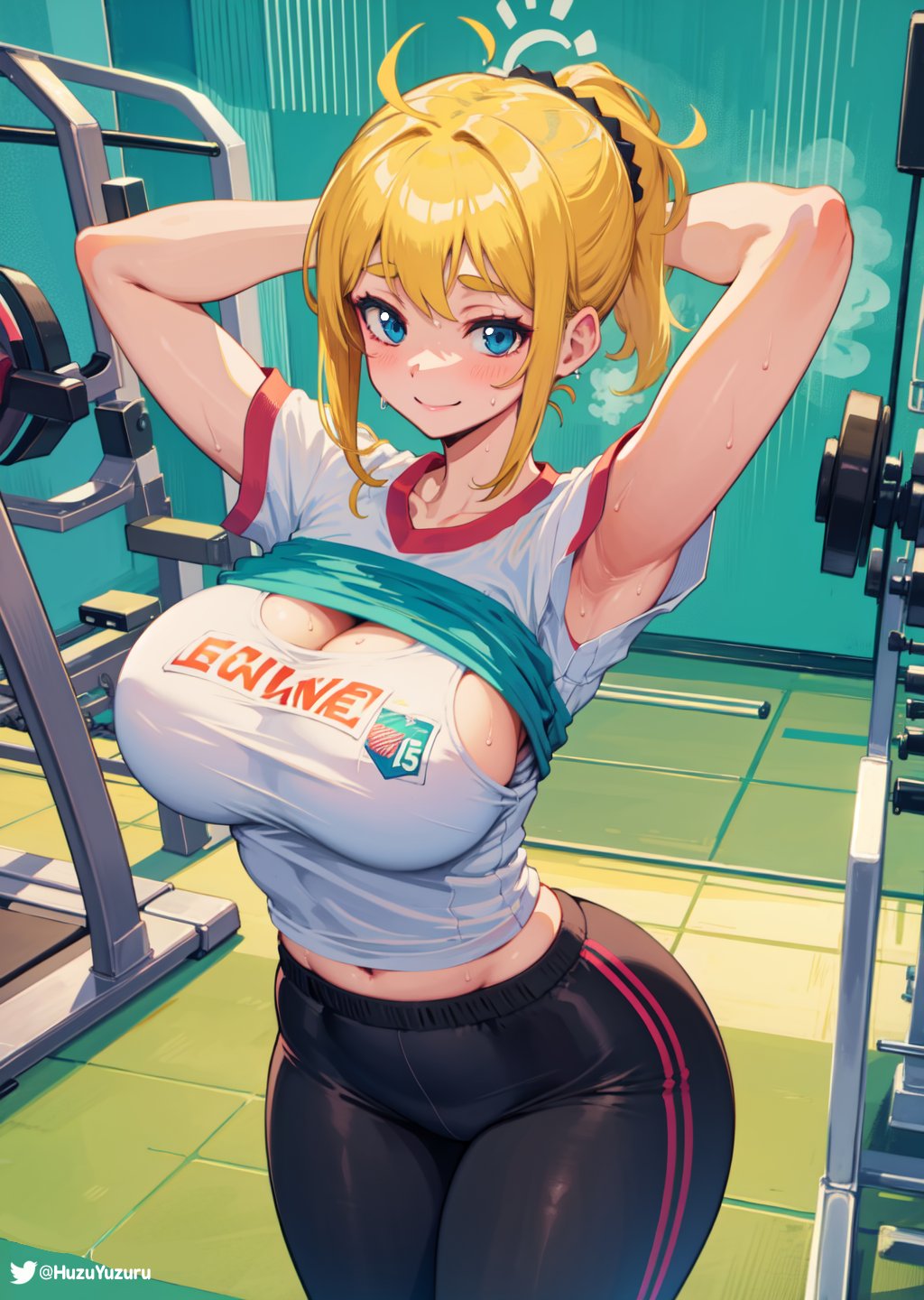 1girls, ai generated, arms up, blonde hair, blue eyes, breasts, cleavage, female, gym uniform, huge breasts, indoors, large breasts, long hair, ponytail, smile, sportswear, stable diffusion, sweat, tank top, yoga pants