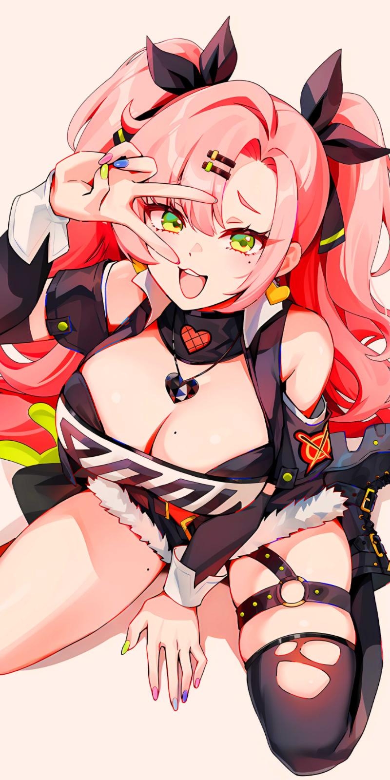 big breasts, breasts, female, green eyes, looking at viewer, nicole demara, open mouth, pink hair, twintails, v, zenless zone zero