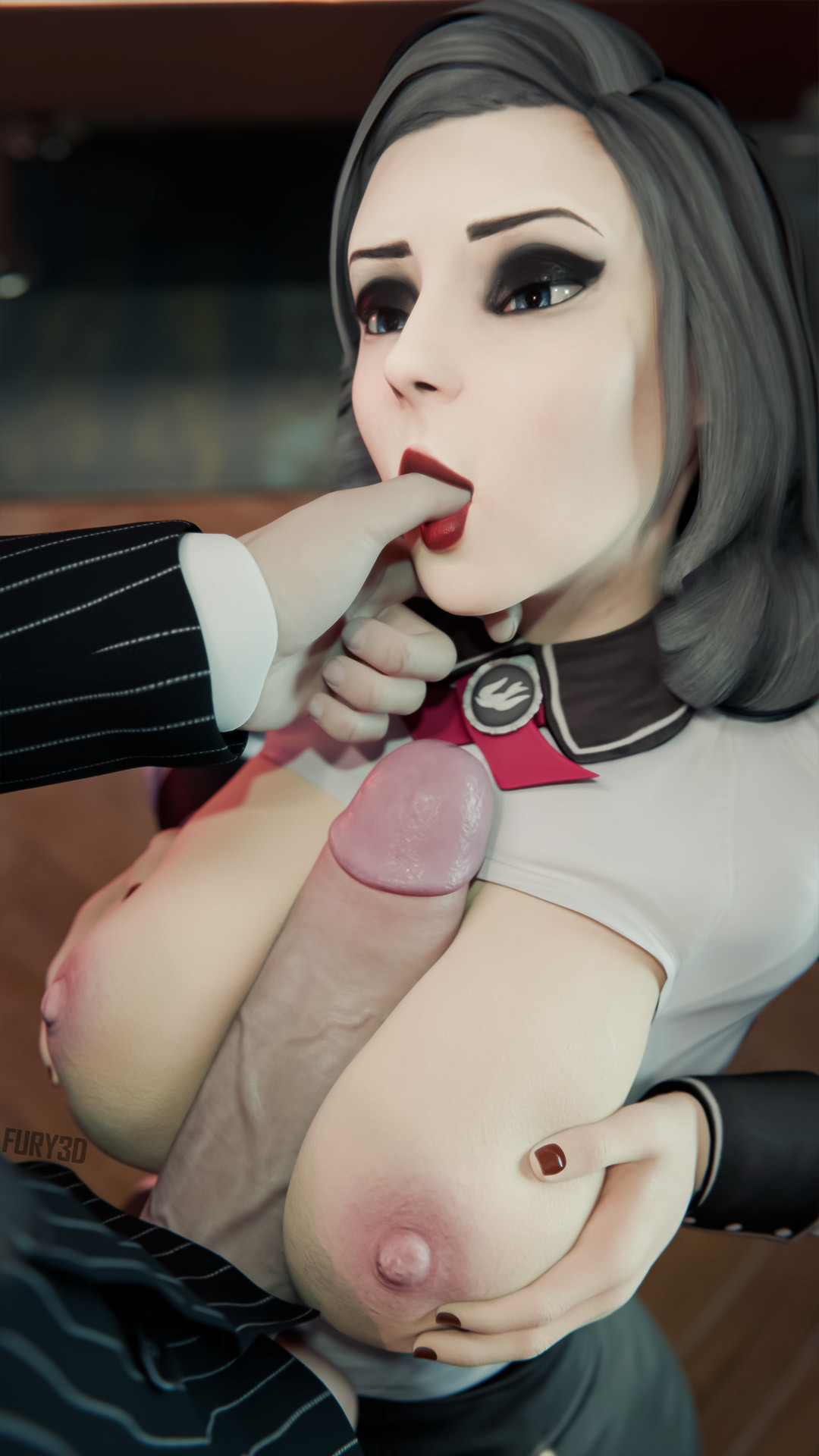 1boy, 1girls, 3d, areolae, big breasts, big penis, bioshock, bioshock infinite, black hair, blue eyes, breasts, breasts out, burial at sea, busty, elizabeth comstock, elizabeth comstock (burial at sea), erect penis, erection, eyeshadow, female, flashing, flashing breasts, fury3d, glans, hourglass figure, kneeling, light skin, light-skinned female, long hair, makeup, male, mascara, nail polish, nipples, paizuri, pale skin, pale-skinned female, penis, sex, shirt, skirt, tagme, veiny penis, wide hips
