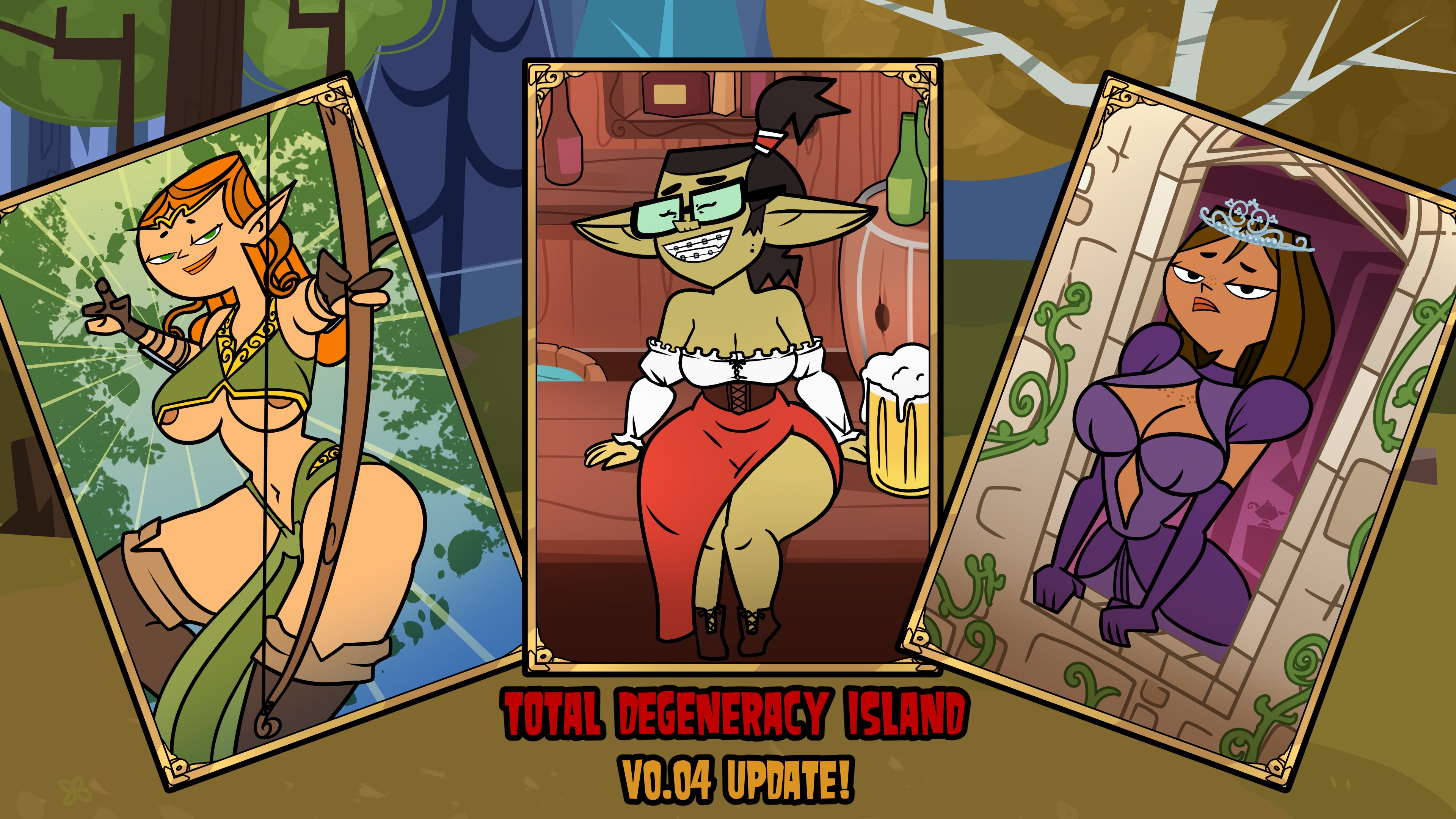 2d, 3girls, accurate art style, areolae, beth (tdi), big breasts, bow (weapon), braces, breasts, busty, closed eyes, color, cosplay, courtney (tdi), dress, elf, elf ears, elf female, elf girl, fantasy, female, female only, glasses, goblin, goblin female, hourglass figure, huge breasts, human, human female, izzy (tdi), large breasts, multiple females, multiple girls, orange hair, pointy ears, princess, revealing clothes, smile, tagme, tiara, total drama (series), total drama island, underboob, weapon, wide hips, yenvudu