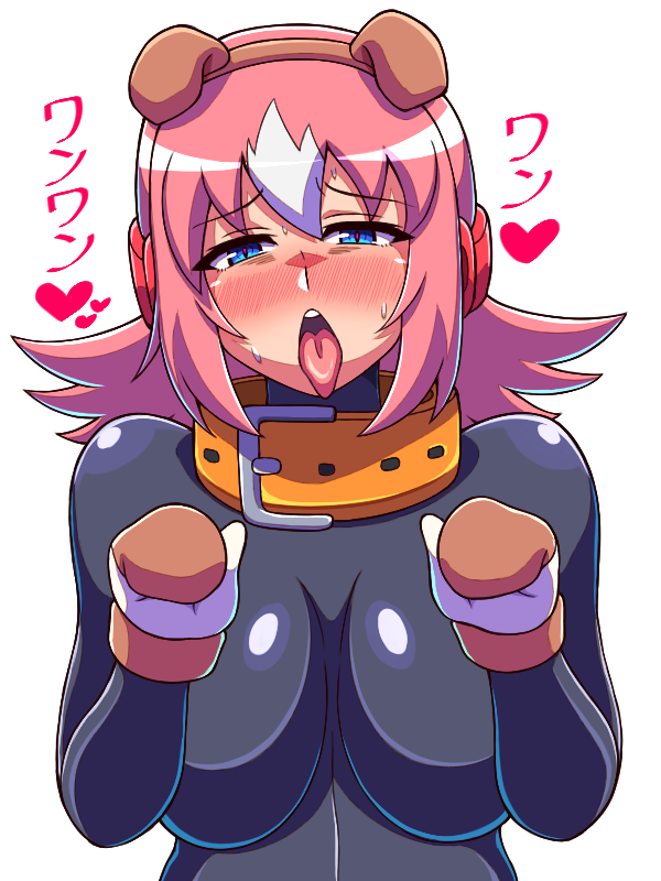1girls big_breasts black_bodysuit blush bodysuit dog_ears good_girl japanese_text mega_man mega_man_x nana_(mega_man) necklace noburockman open_mouth pink_hair red_necklace robot_girl short_hair tongue_out