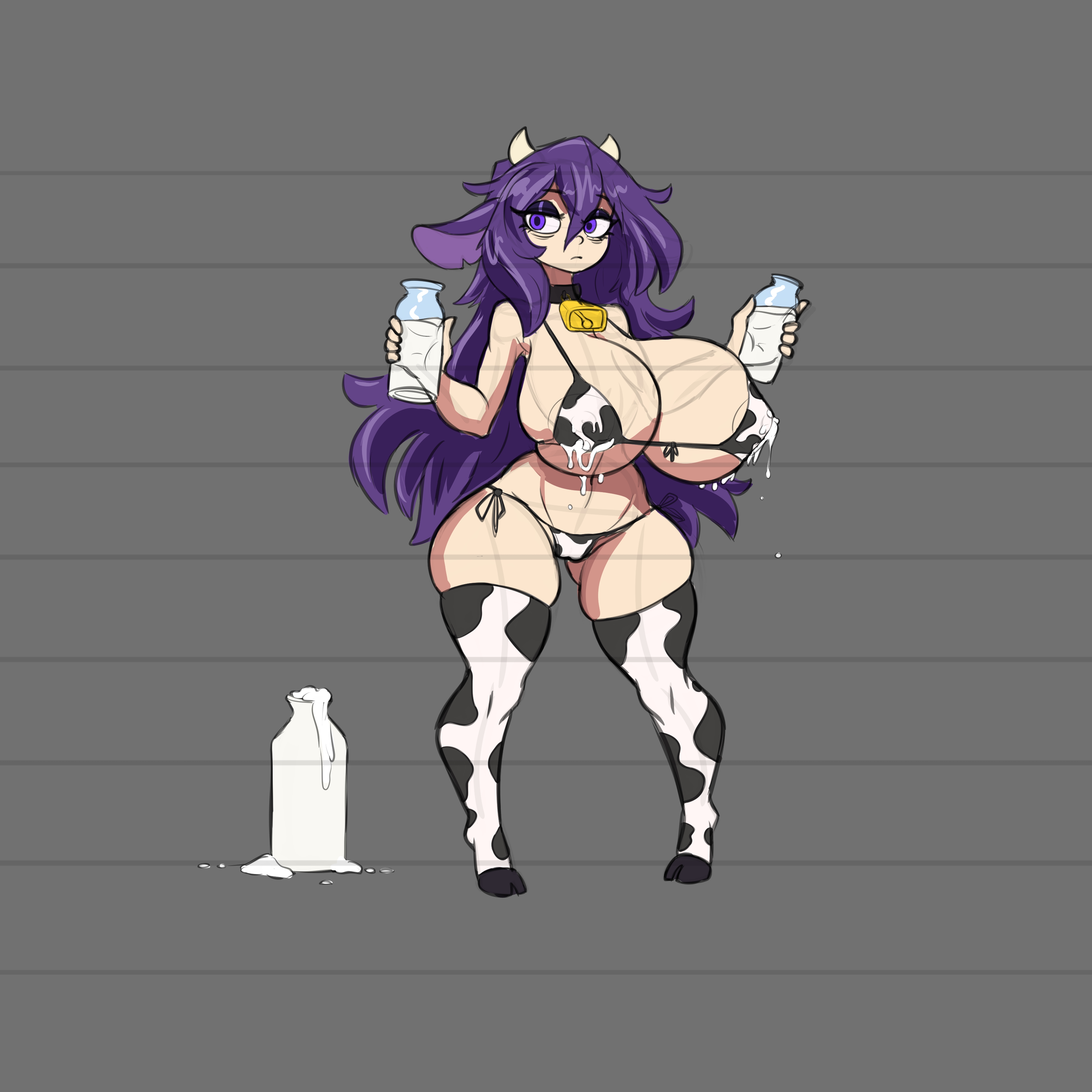 arsfromnowhere (artist), big breasts, bikini, breasts, breasts bigger than head, cow ears, cow girl, cow horns, cow print, cow print bikini, cum, curvy, female, female only, game freak, gigantic breasts, hex maniac, hex maniac (pokemon legends: z-a), huge breasts, lactation, large breasts, long purple hair, milk, milking, monster girl, moomoo milk, nintendo, pokemon, pokemon (species), pokemon legends: z-a, purple hair, sketch, solo, thick, wide hips